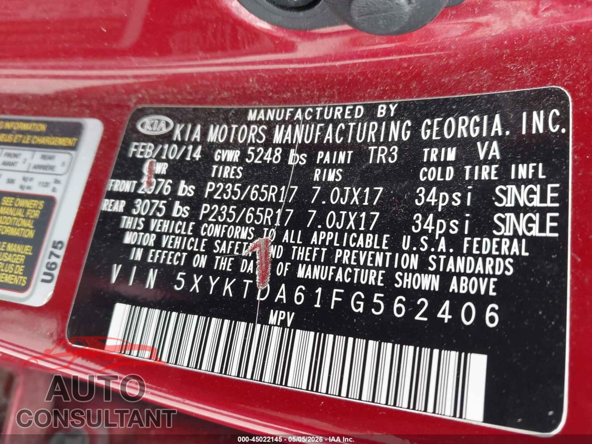 KIA SORENTO 2015 - 5XYKTDA61FG562406