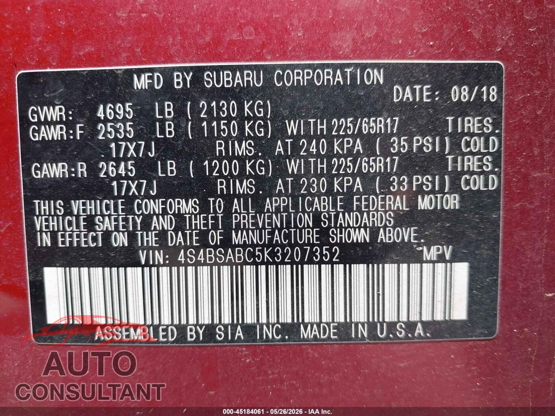 SUBARU OUTBACK 2019 - 4S4BSABC5K3207352