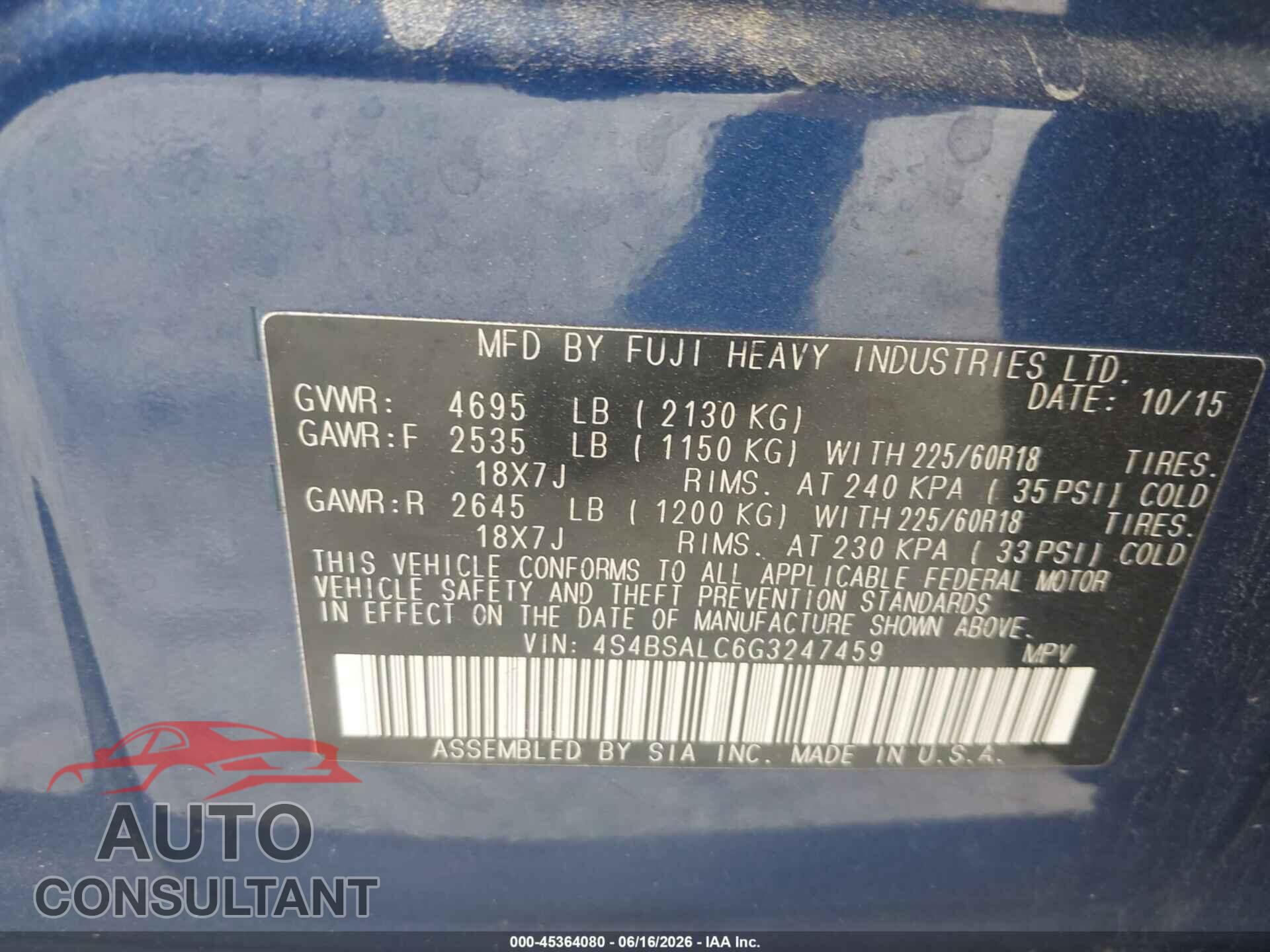 SUBARU OUTBACK 2016 - 4S4BSALC6G3247459