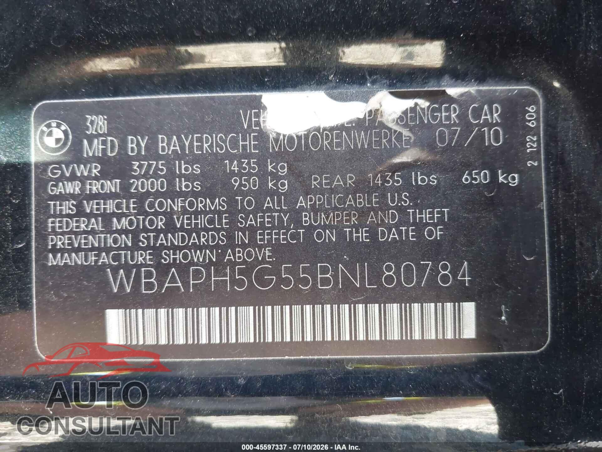 BMW 328I 2011 - WBAPH5G55BNL80784