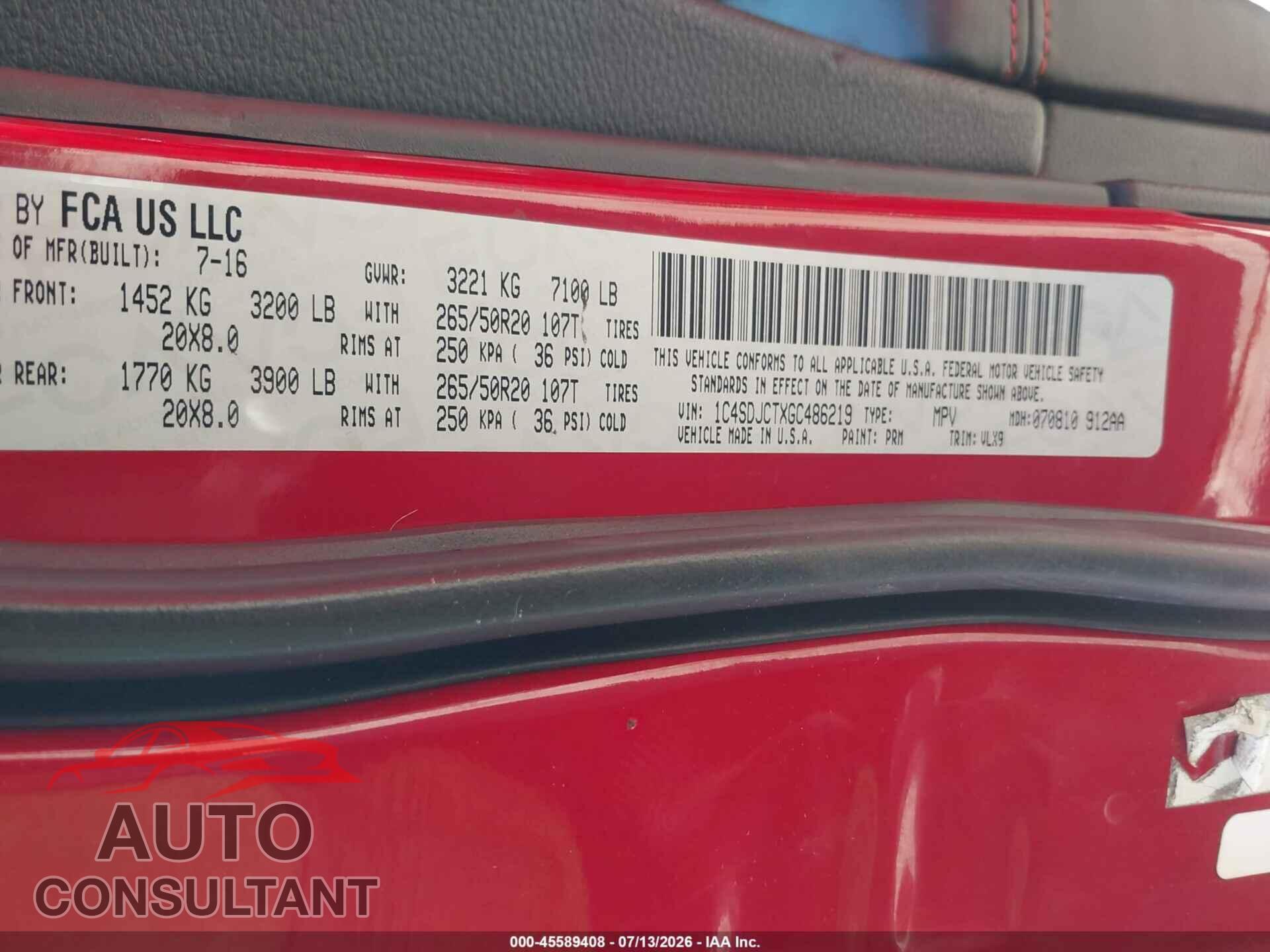 DODGE DURANGO 2016 - 1C4SDJCTXGC486219