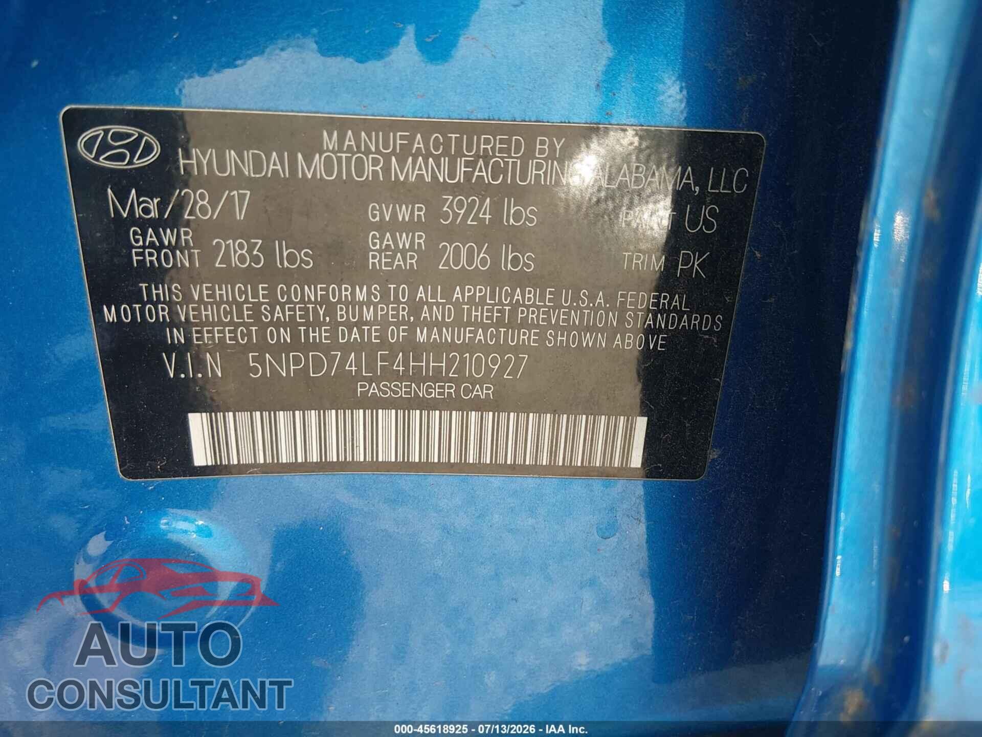 HYUNDAI ELANTRA 2017 - 5NPD74LF4HH210927