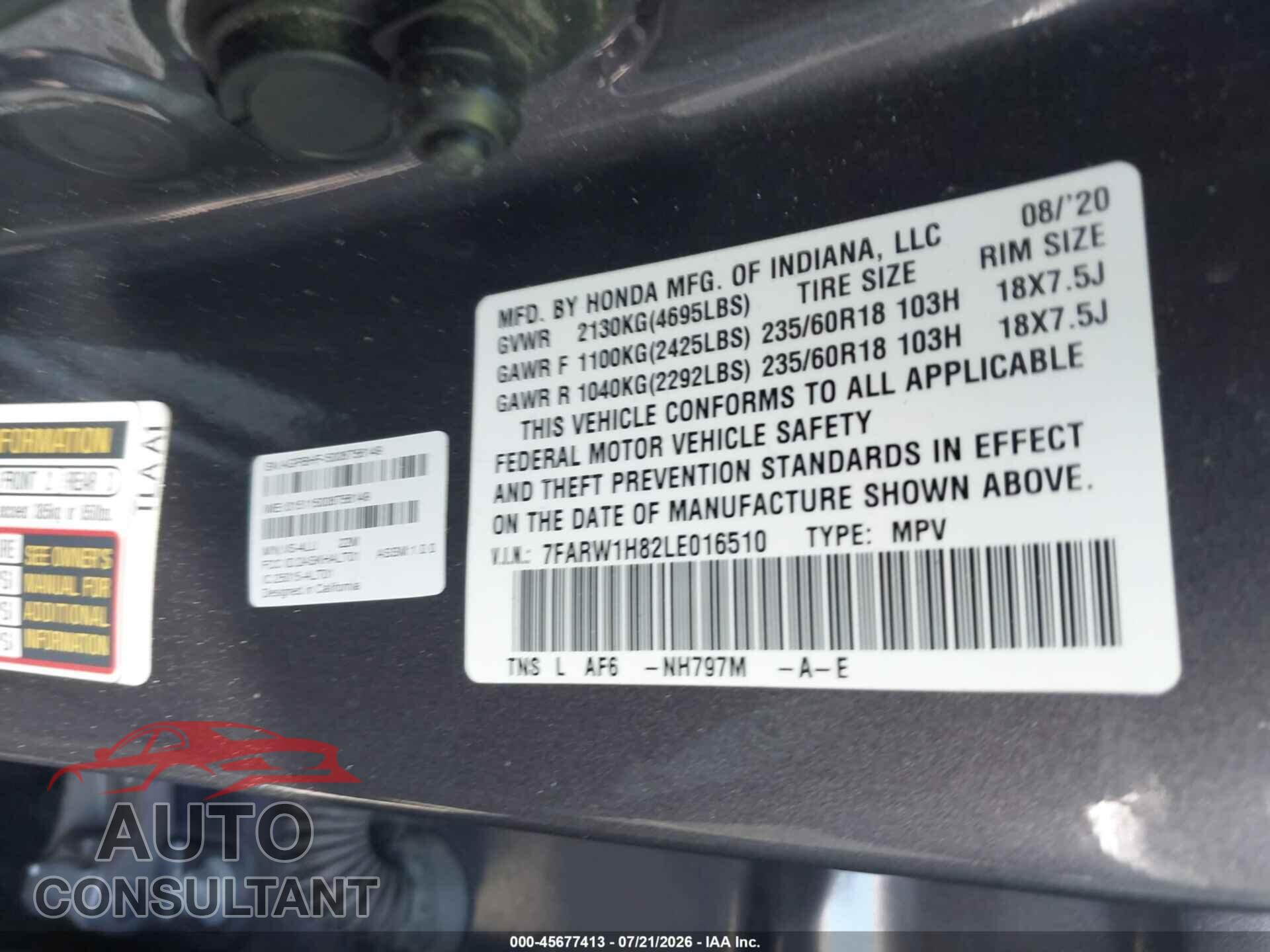 HONDA CR-V 2020 - 7FARW1H82LE016510