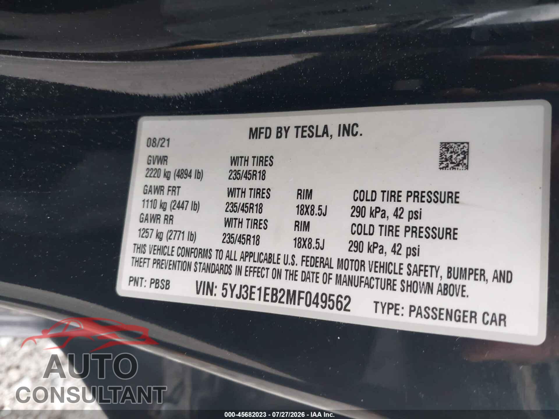 TESLA MODEL 3 2021 - 5YJ3E1EB2MF049562