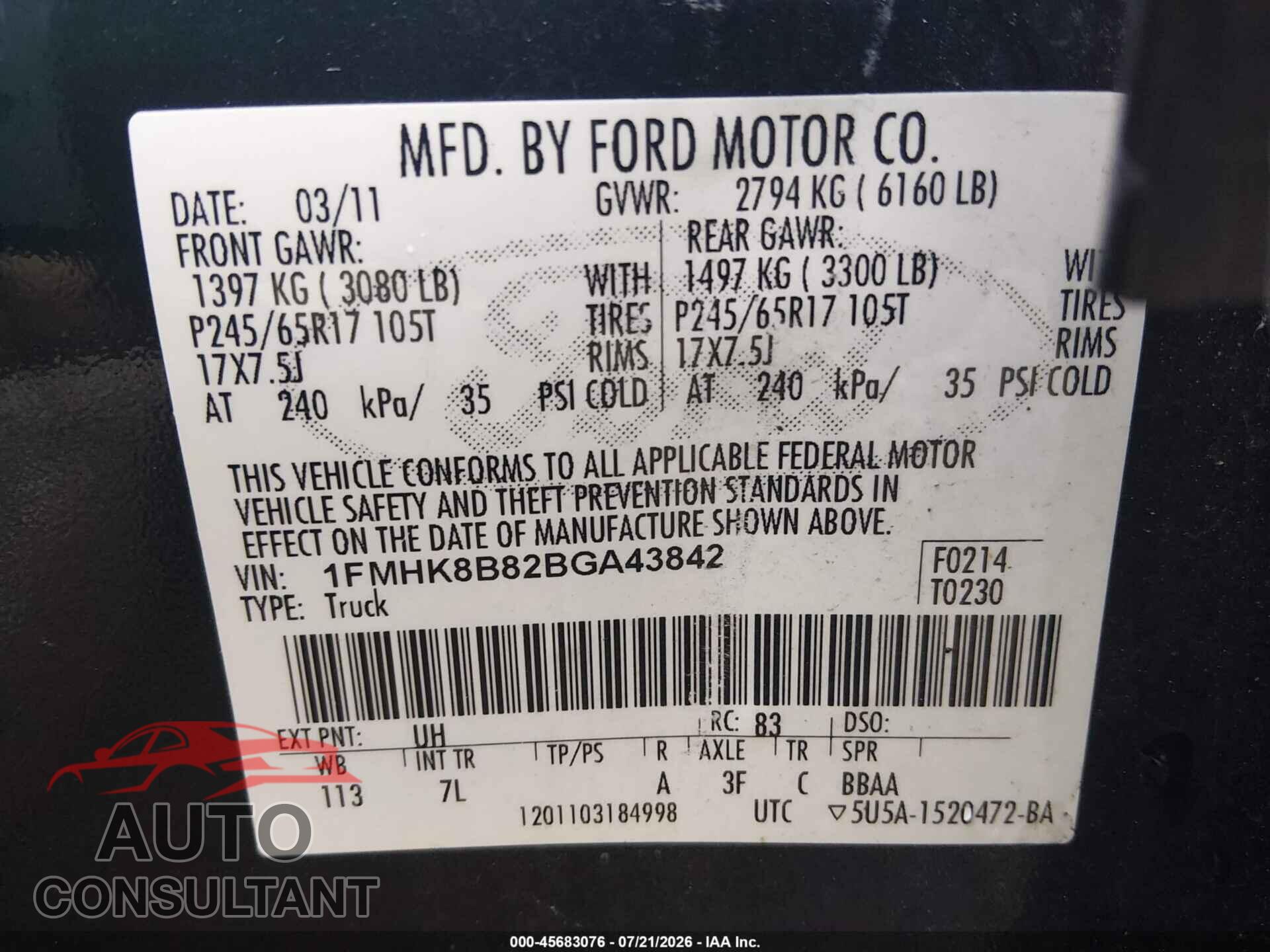 FORD EXPLORER 2011 - 1FMHK8B82BGA43842
