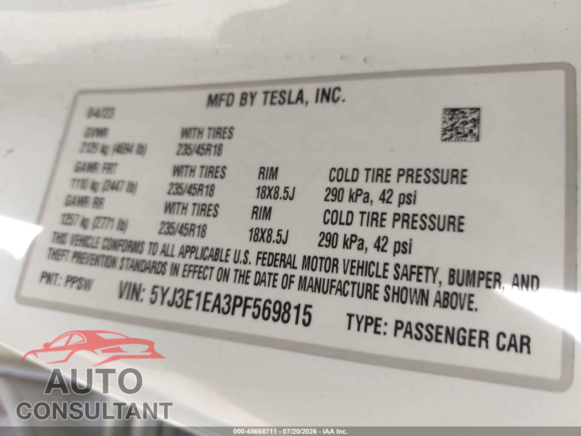 TESLA MODEL 3 2023 - 5YJ3E1EA3PF569815
