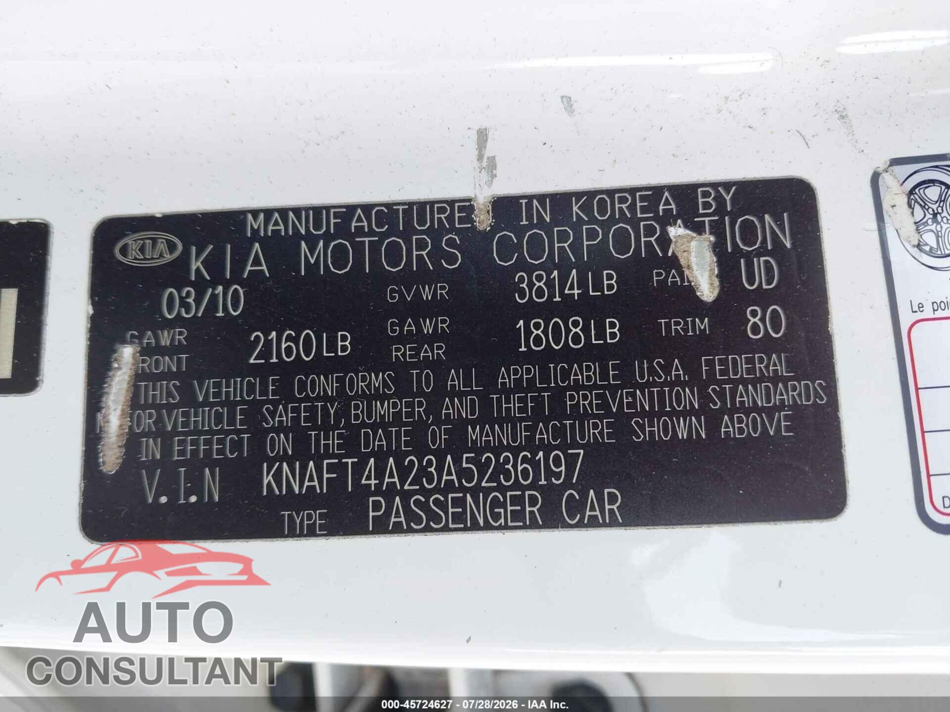 KIA FORTE 2010 - KNAFT4A23A5236197