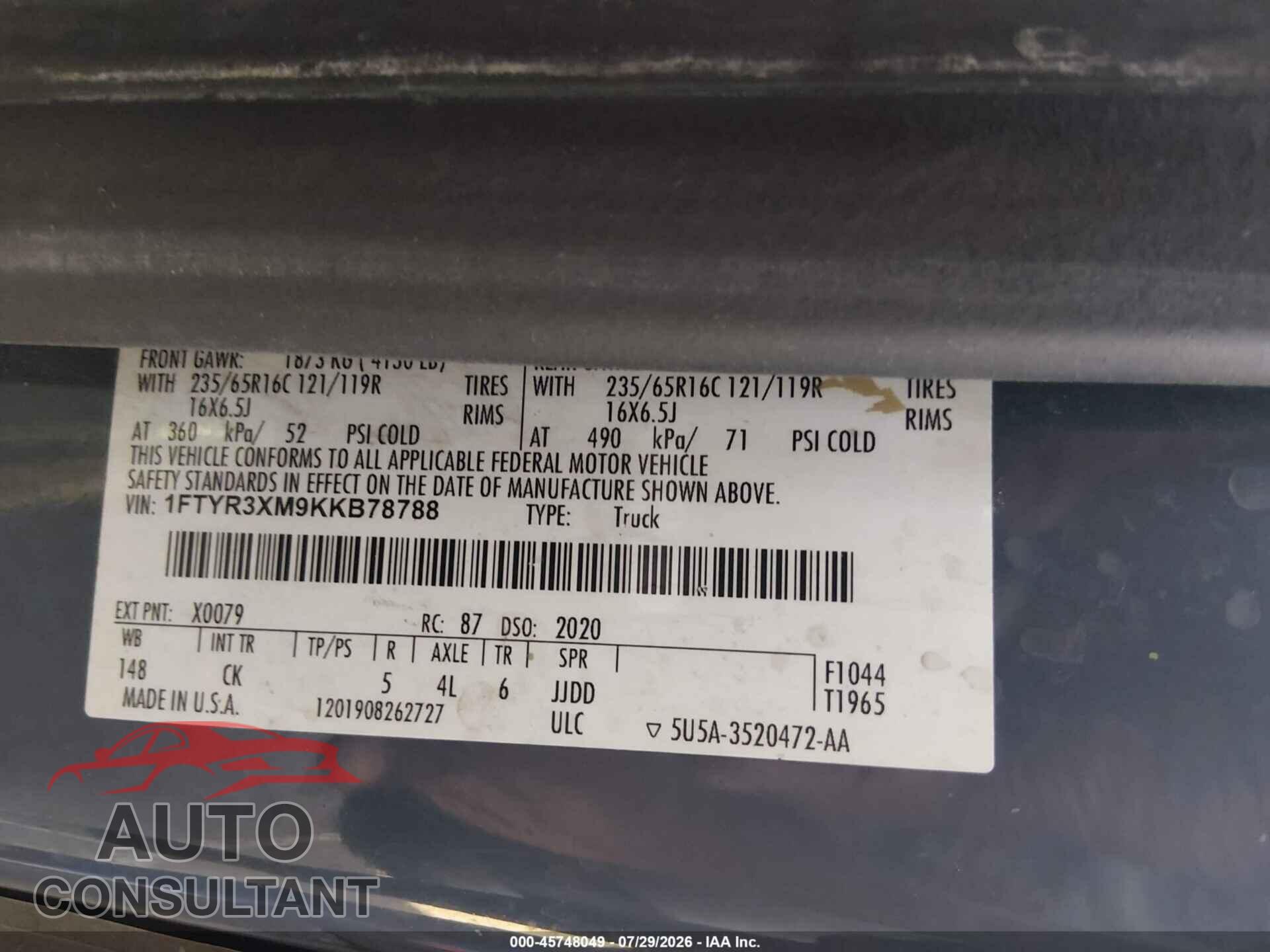 FORD TRANSIT-250 2019 - 1FTYR3XM9KKB78788
