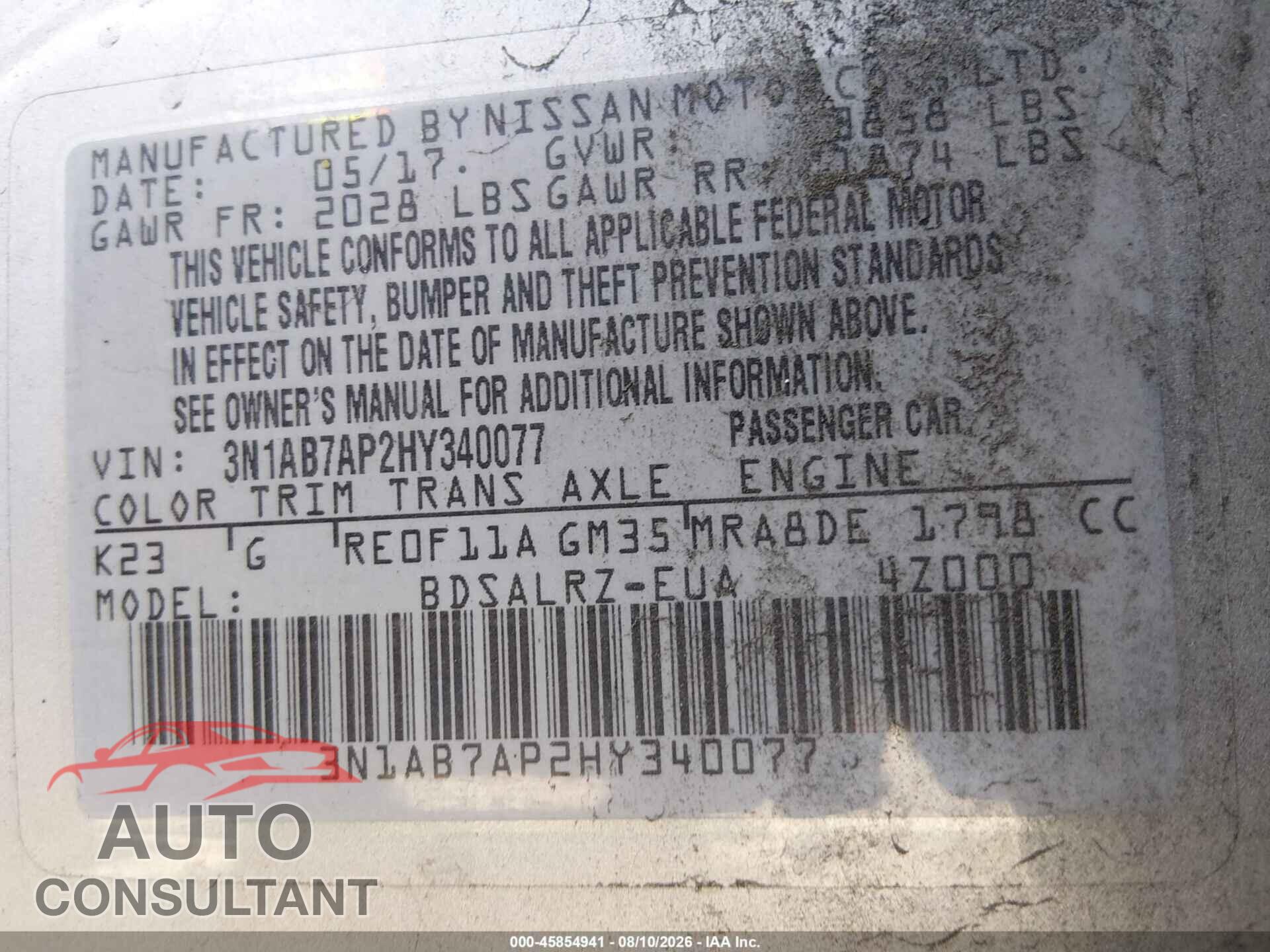 NISSAN SENTRA 2017 - 3N1AB7AP2HY340077