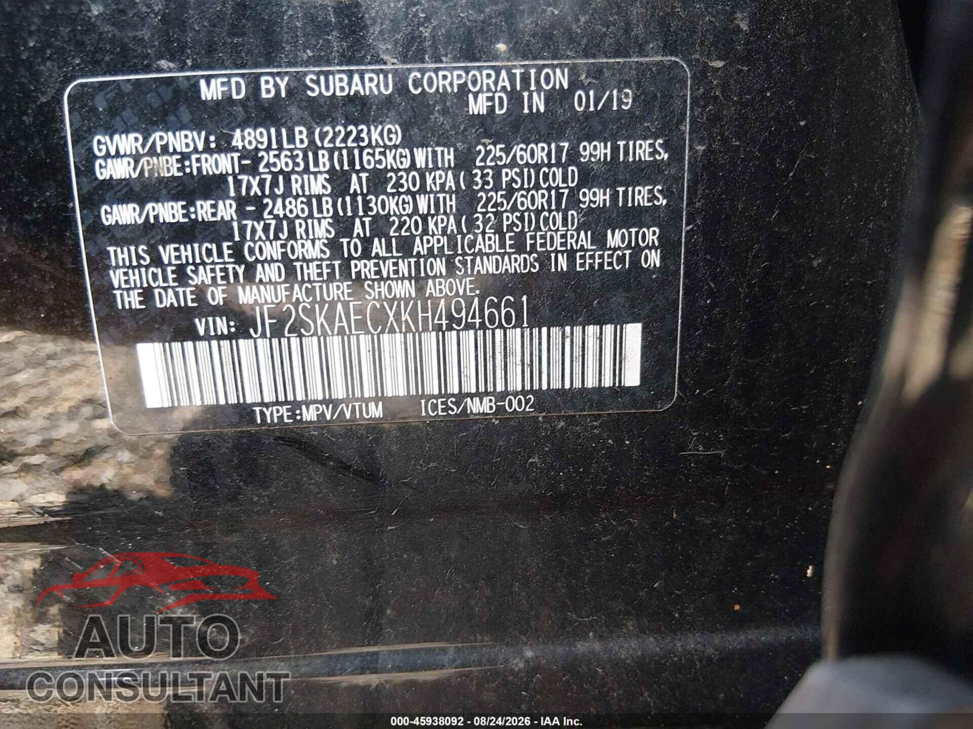 SUBARU FORESTER 2019 - JF2SKAECXKH494661