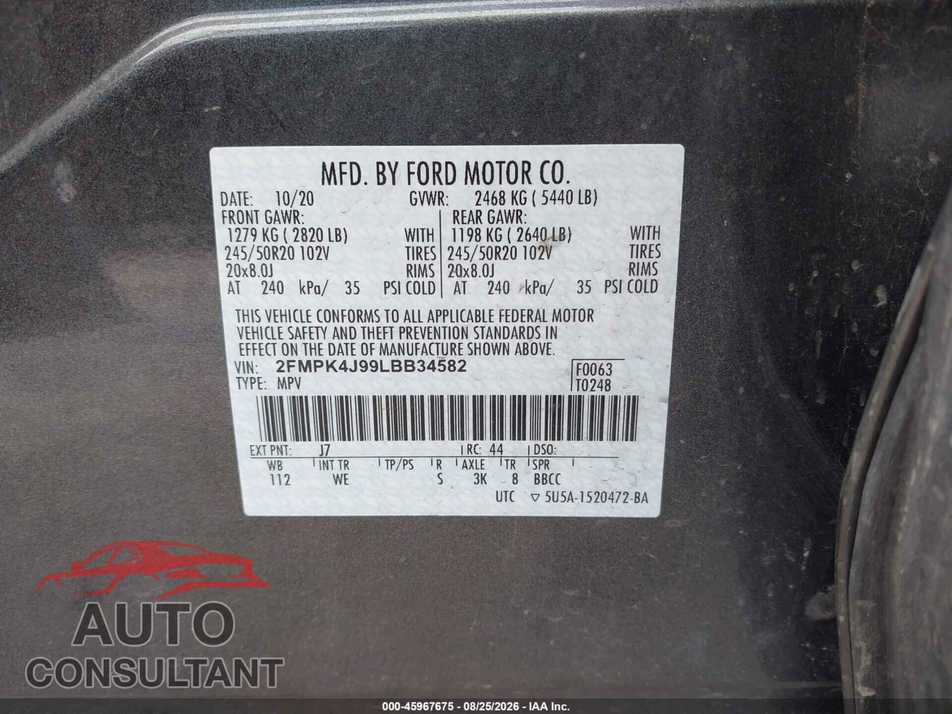 FORD EDGE 2020 - 2FMPK4J99LBB34582