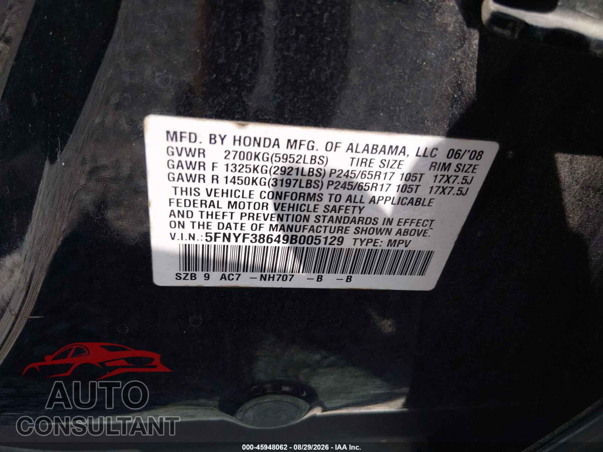 HONDA PILOT 2009 - 5FNYF38649B005129