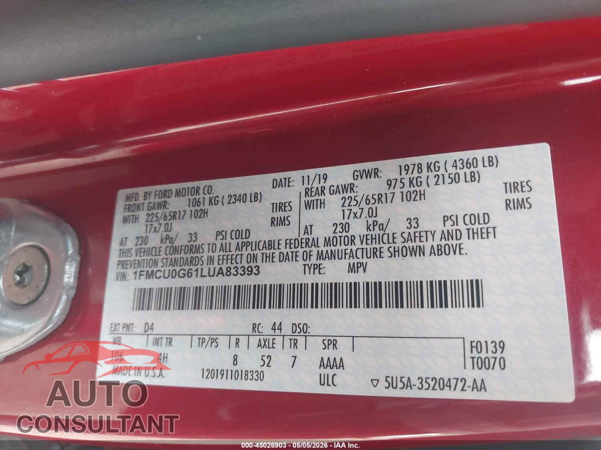 FORD ESCAPE 2020 - 1FMCU0G61LUA83393