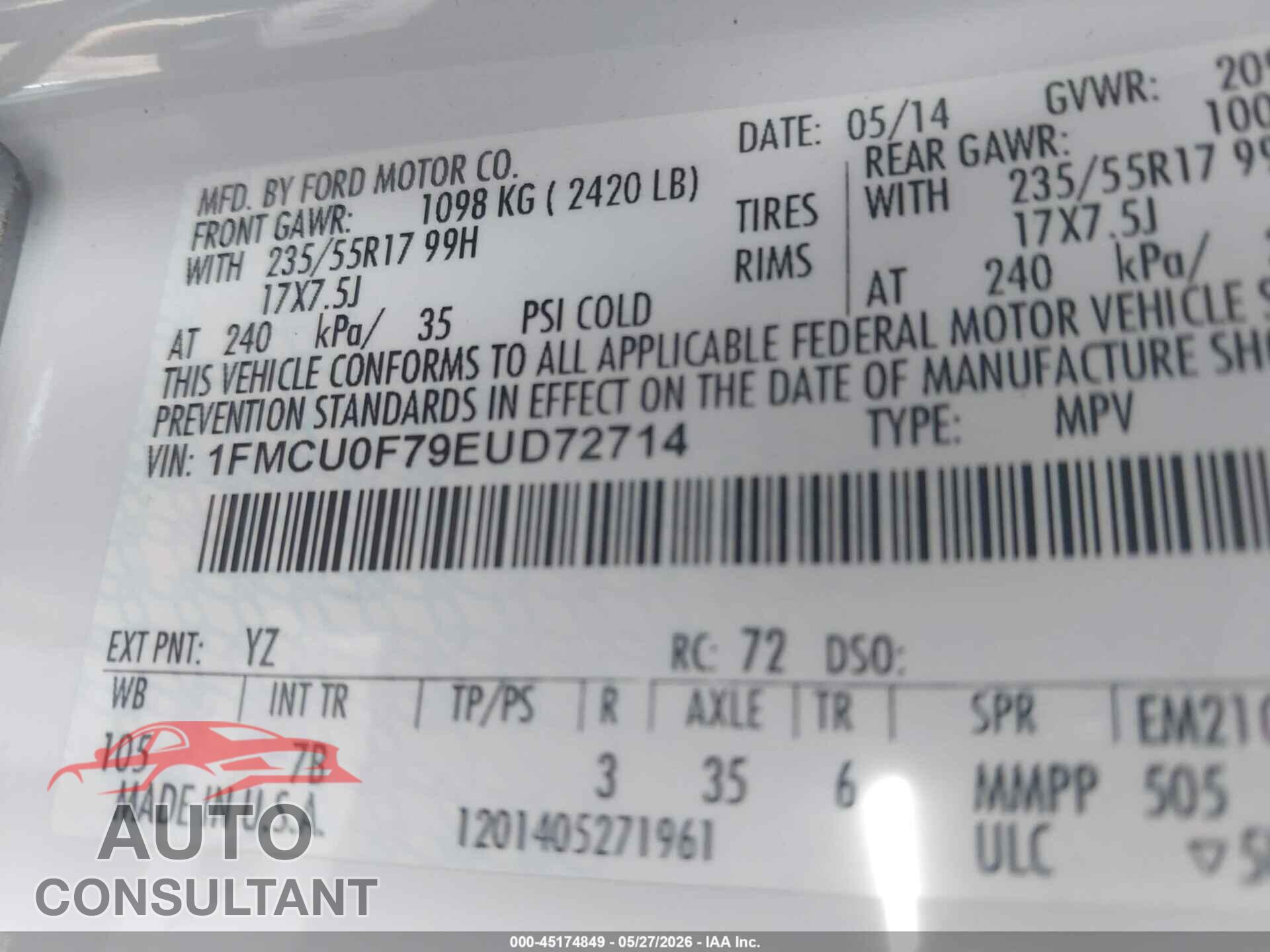FORD ESCAPE 2014 - 1FMCU0F79EUD72714