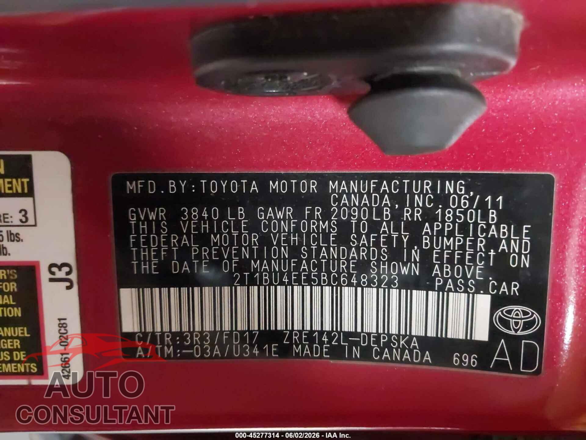 TOYOTA COROLLA 2011 - 2T1BU4EE5BC648323