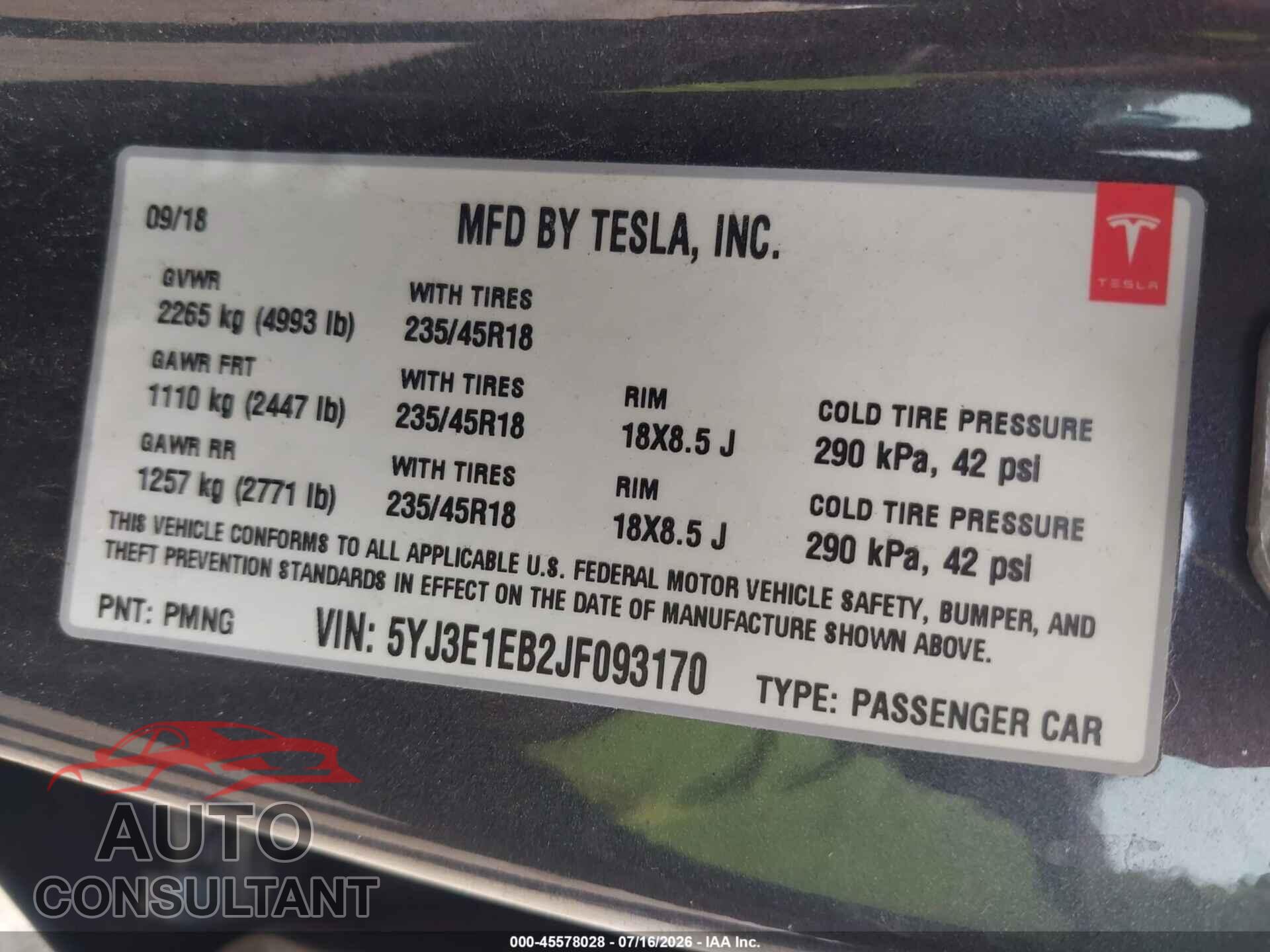 TESLA MODEL 3 2018 - 5YJ3E1EB2JF093170