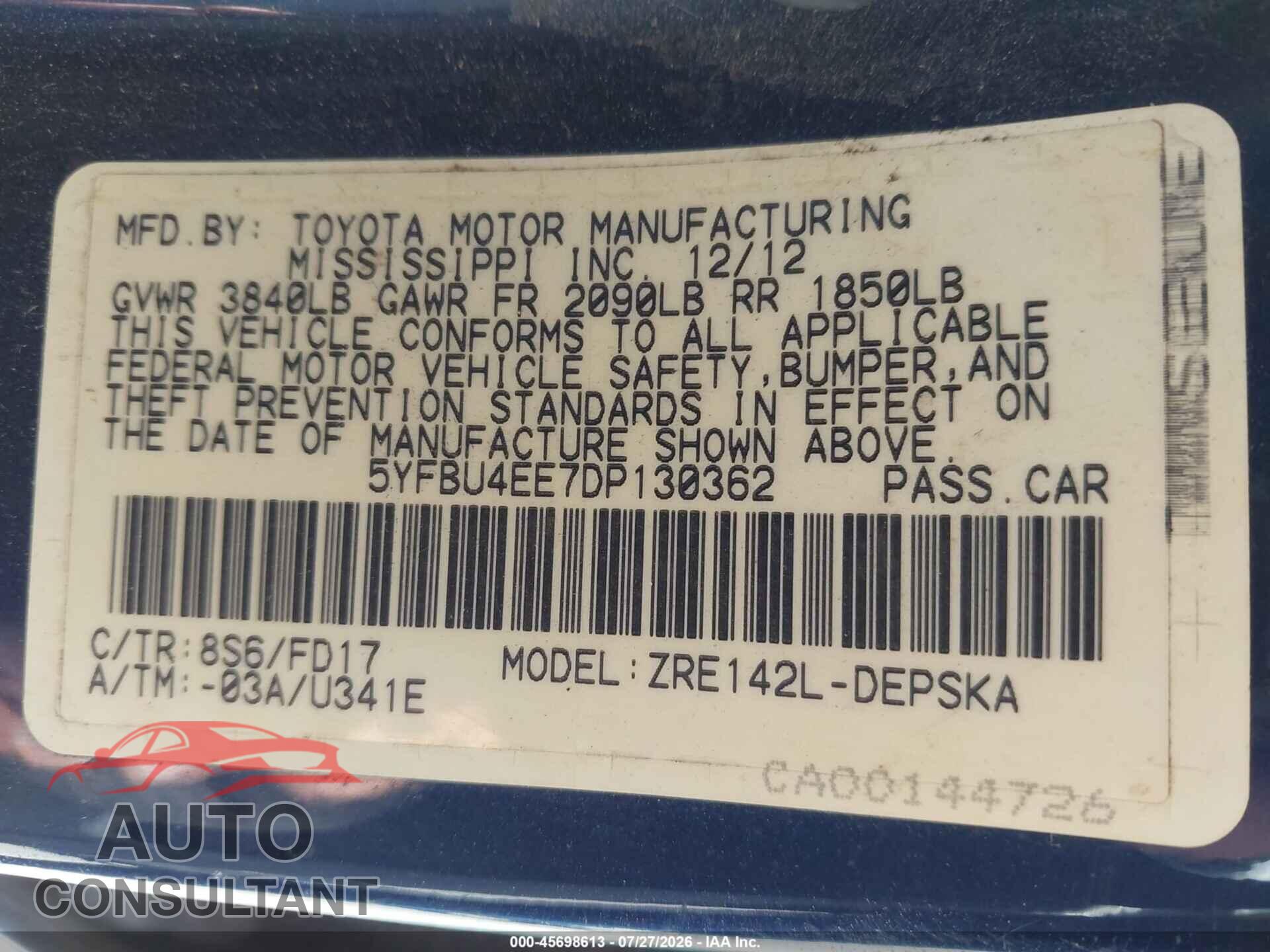 TOYOTA COROLLA 2013 - 5YFBU4EE7DP130362