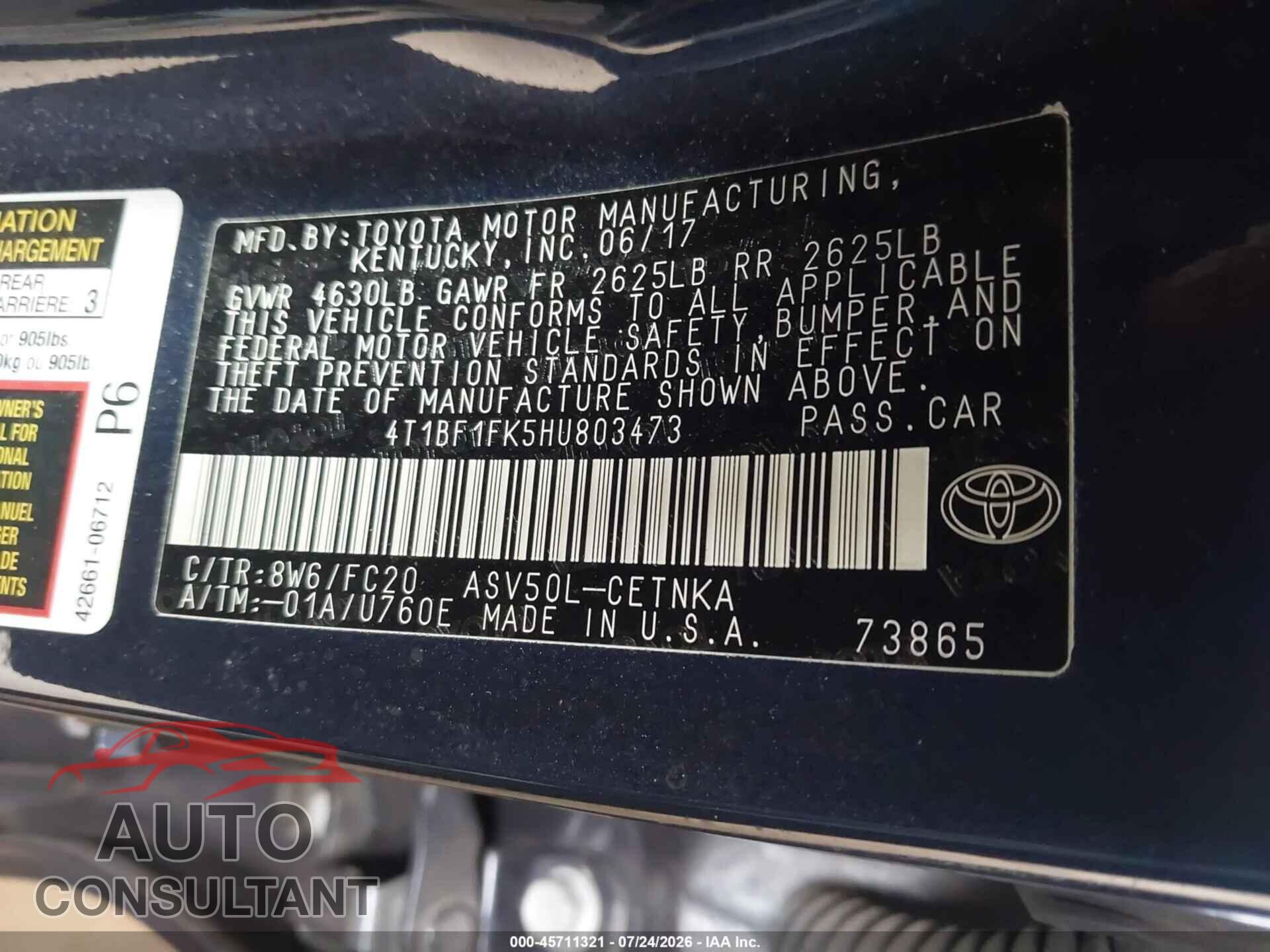 TOYOTA CAMRY 2017 - 4T1BF1FK5HU803473