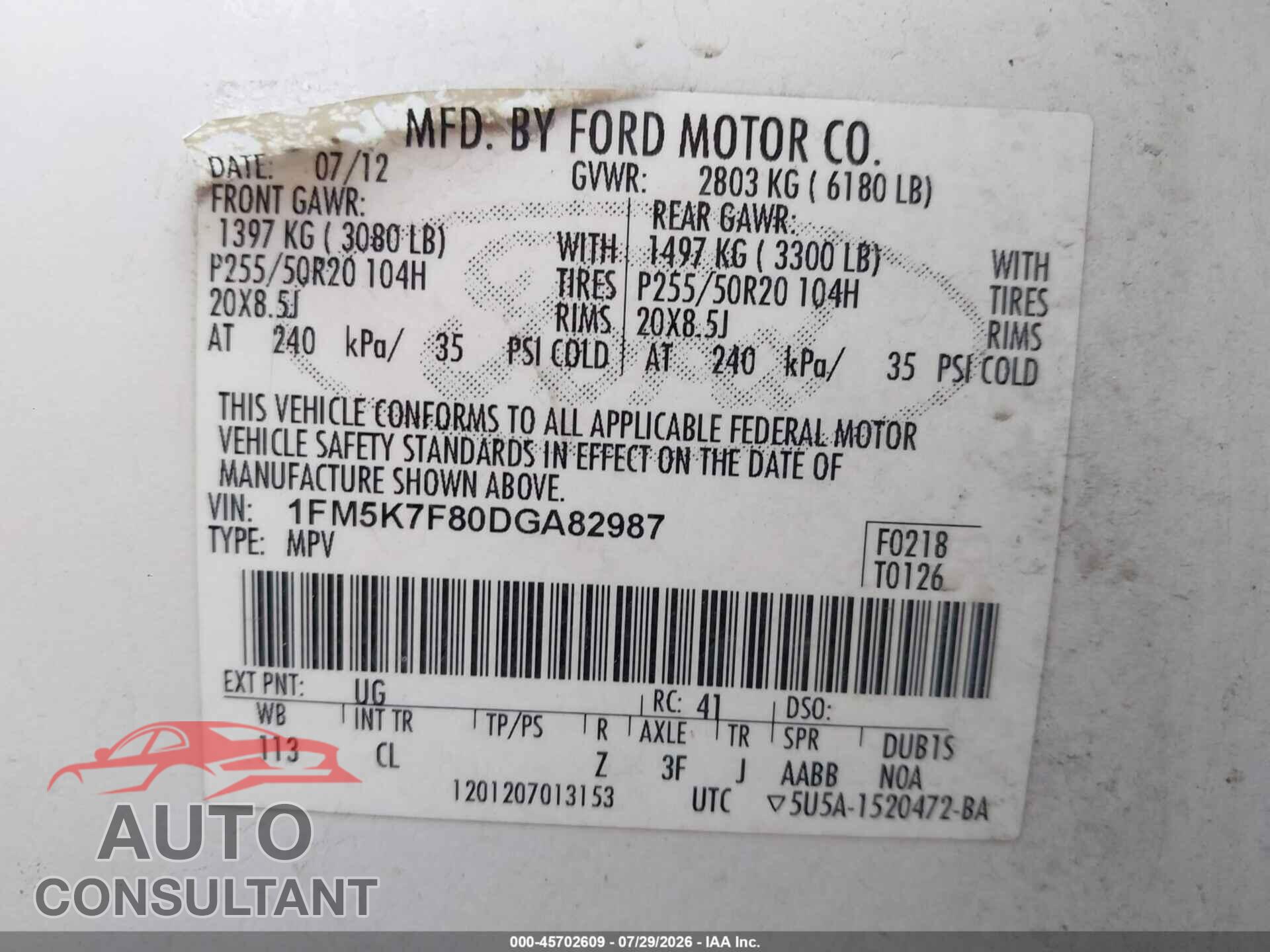 FORD EXPLORER 2013 - 1FM5K7F80DGA82987