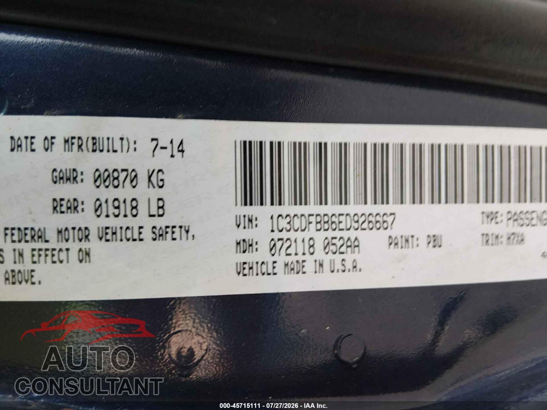 DODGE DART 2014 - 1C3CDFBB6ED926667