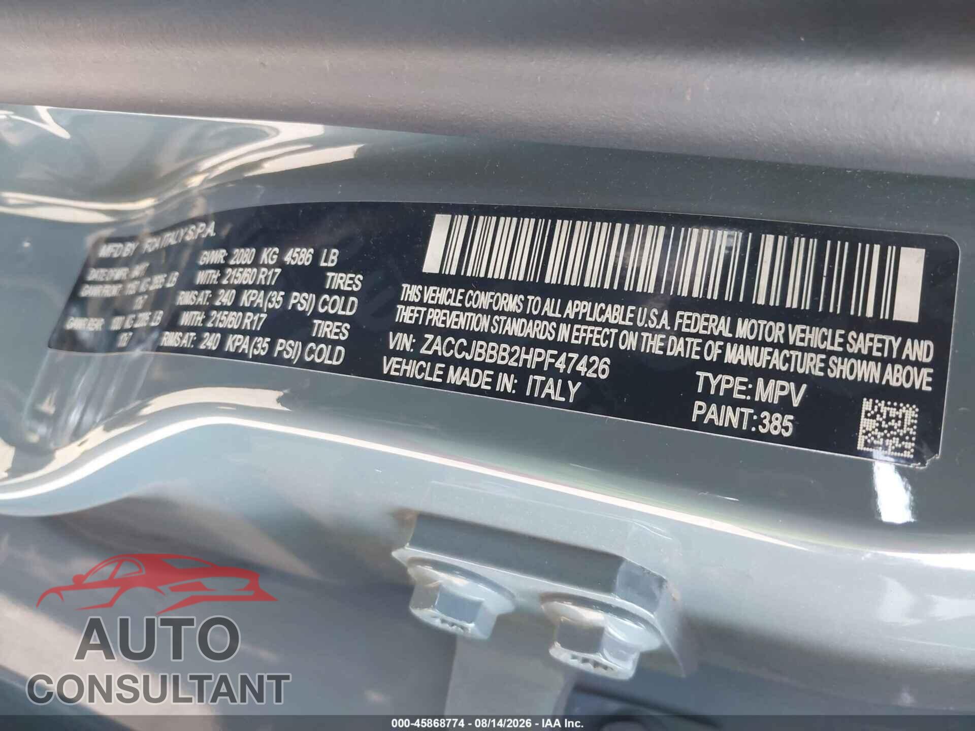 JEEP RENEGADE 2017 - ZACCJBBB2HPF47426