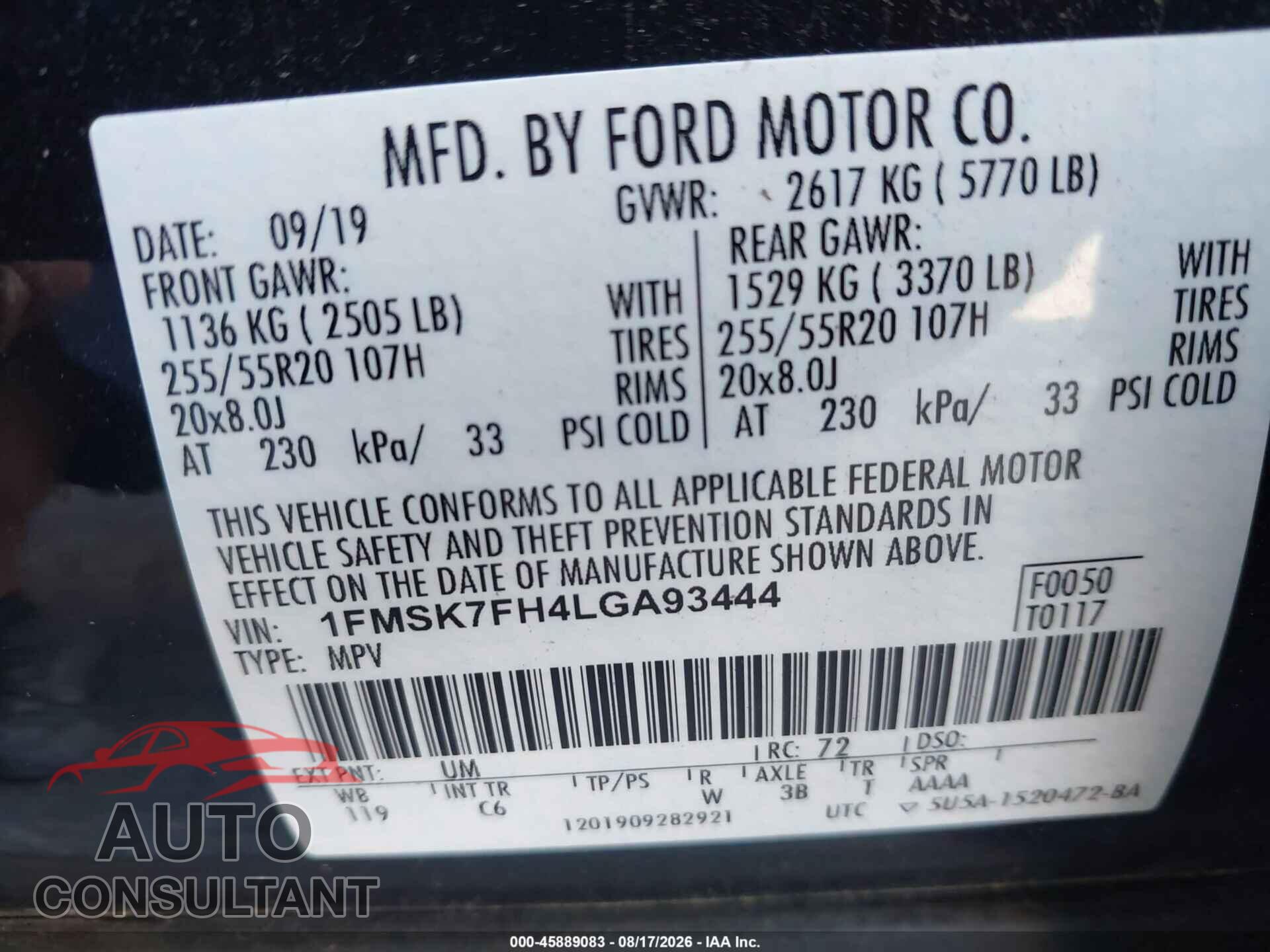 FORD EXPLORER 2020 - 1FMSK7FH4LGA93444