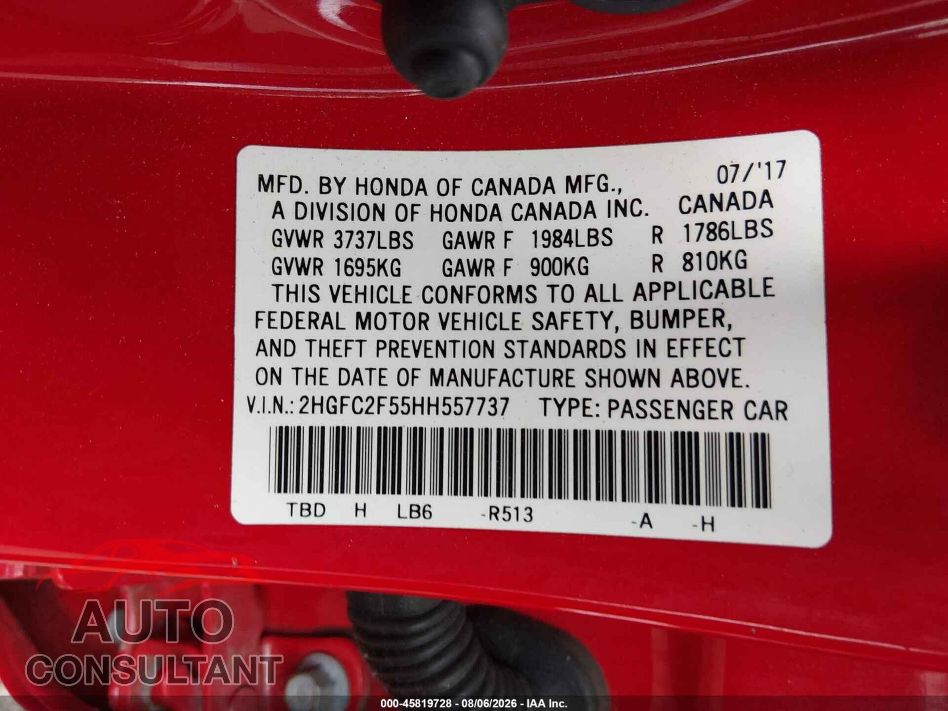 HONDA CIVIC 2017 - 2HGFC2F55HH557737