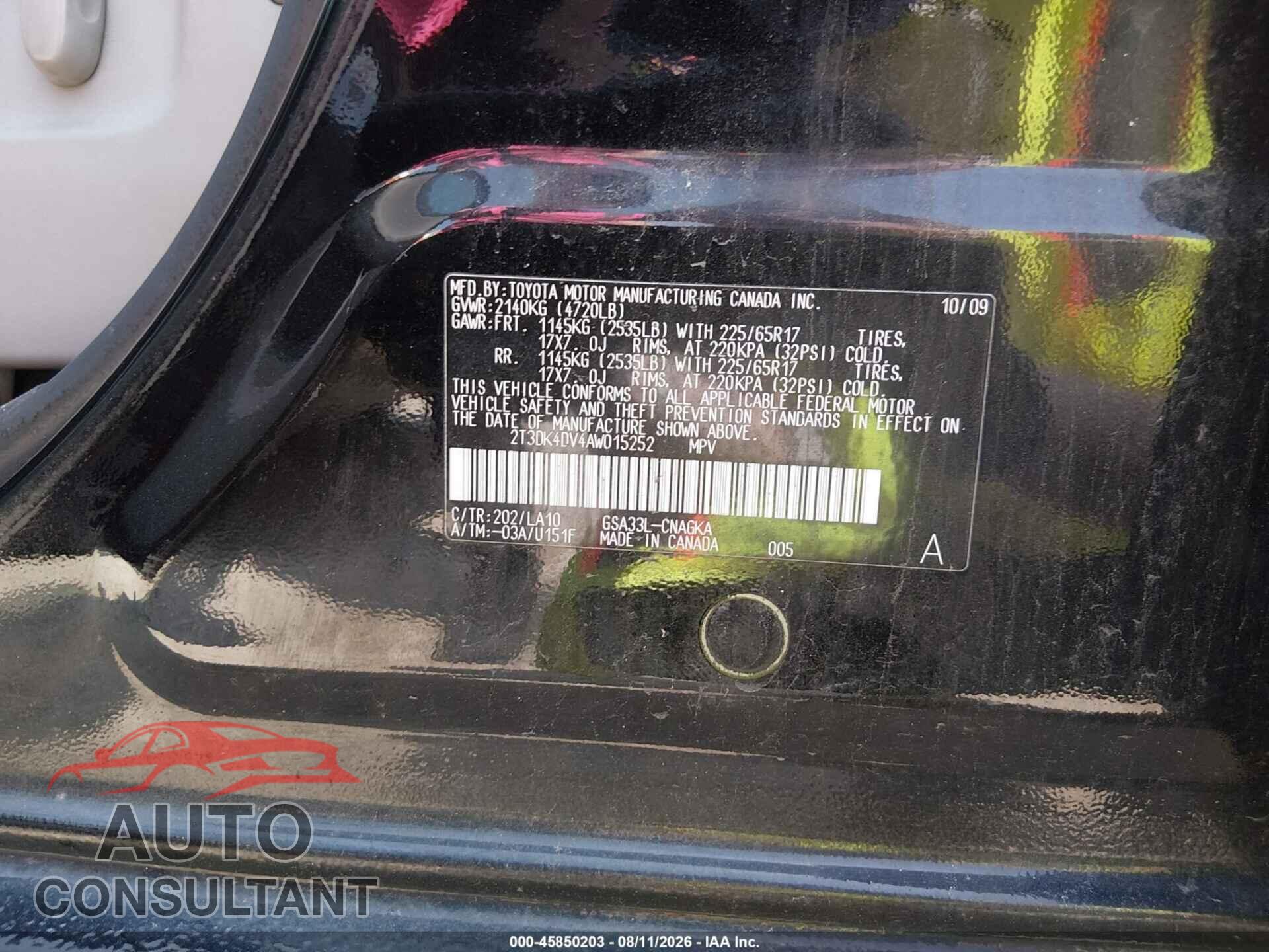 TOYOTA RAV4 2010 - 2T3DK4DV4AW015252