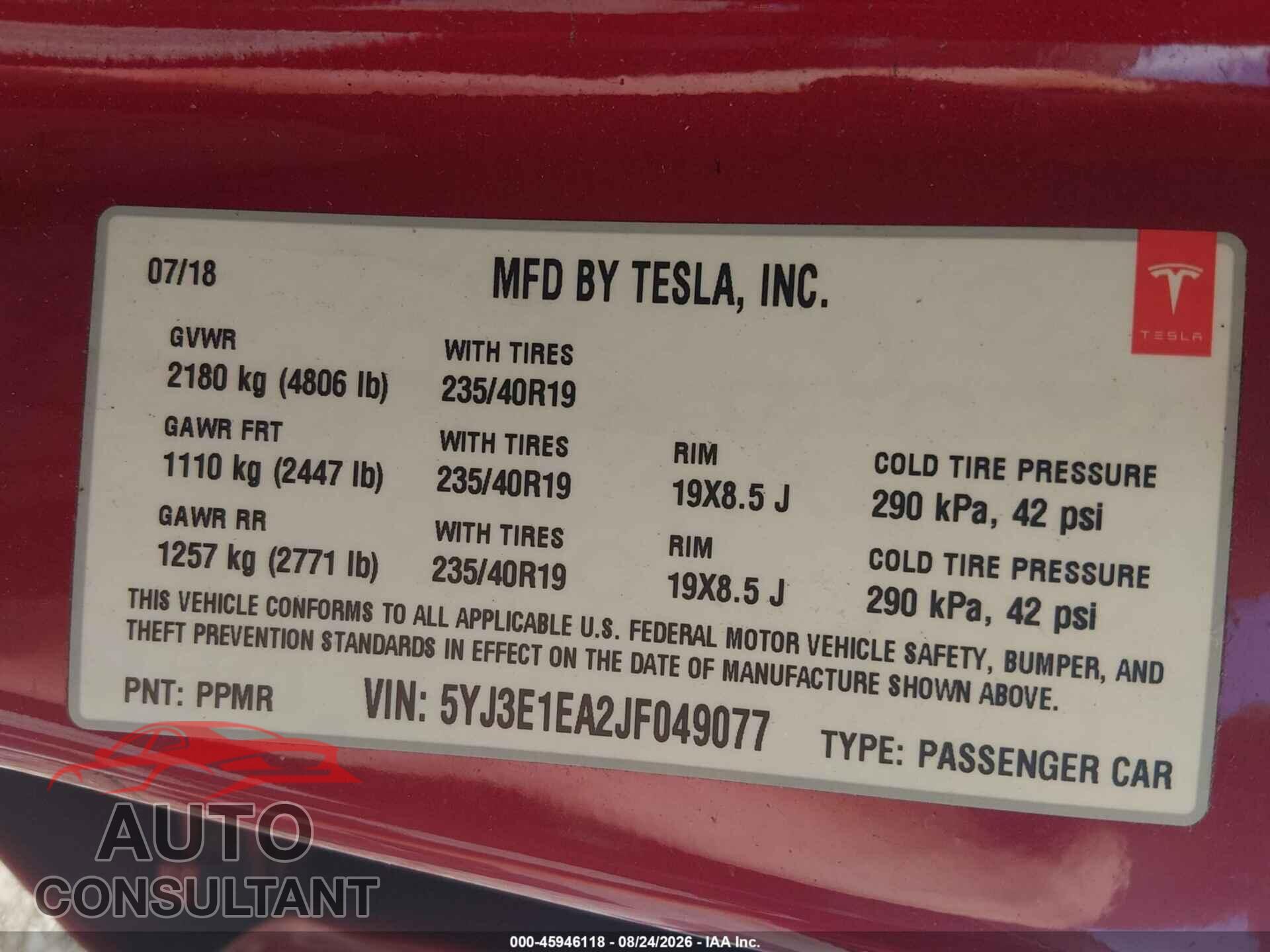 TESLA MODEL 3 2018 - 5YJ3E1EA2JF049077