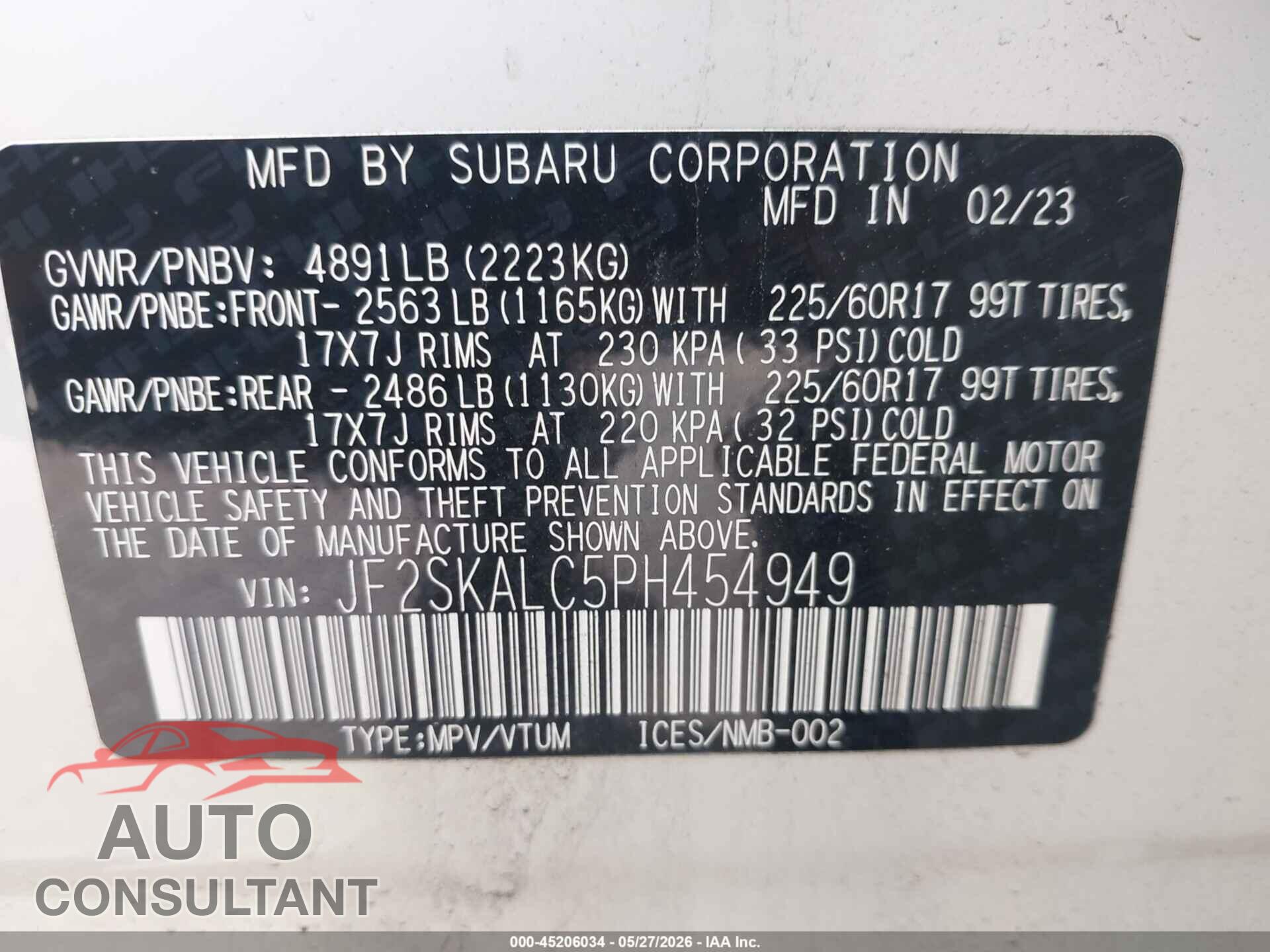 SUBARU FORESTER 2023 - JF2SKALC5PH454949