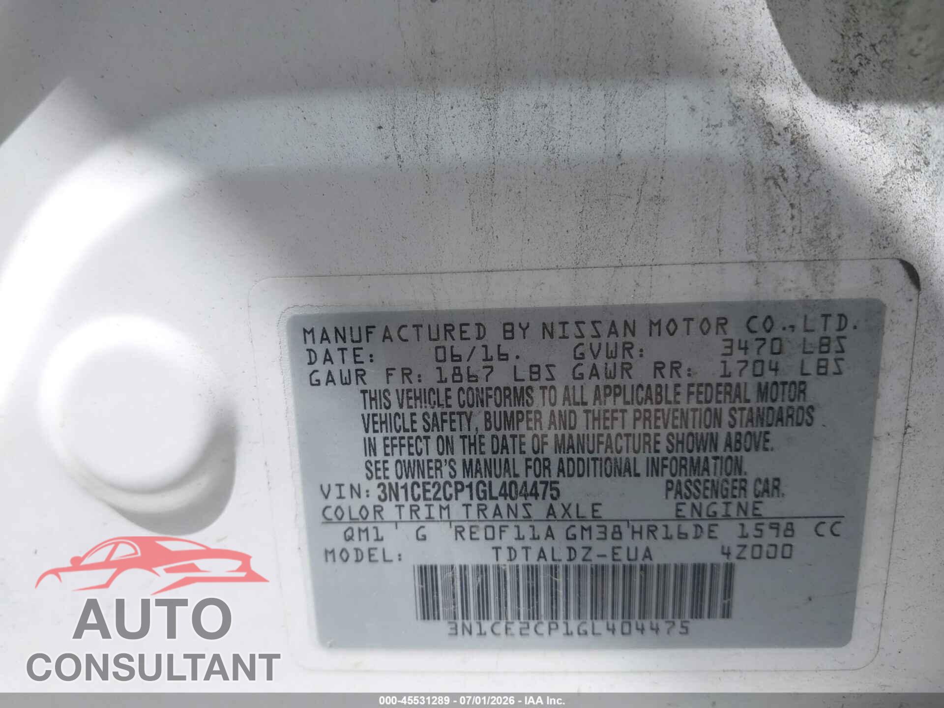 NISSAN VERSA NOTE 2016 - 3N1CE2CP1GL404475