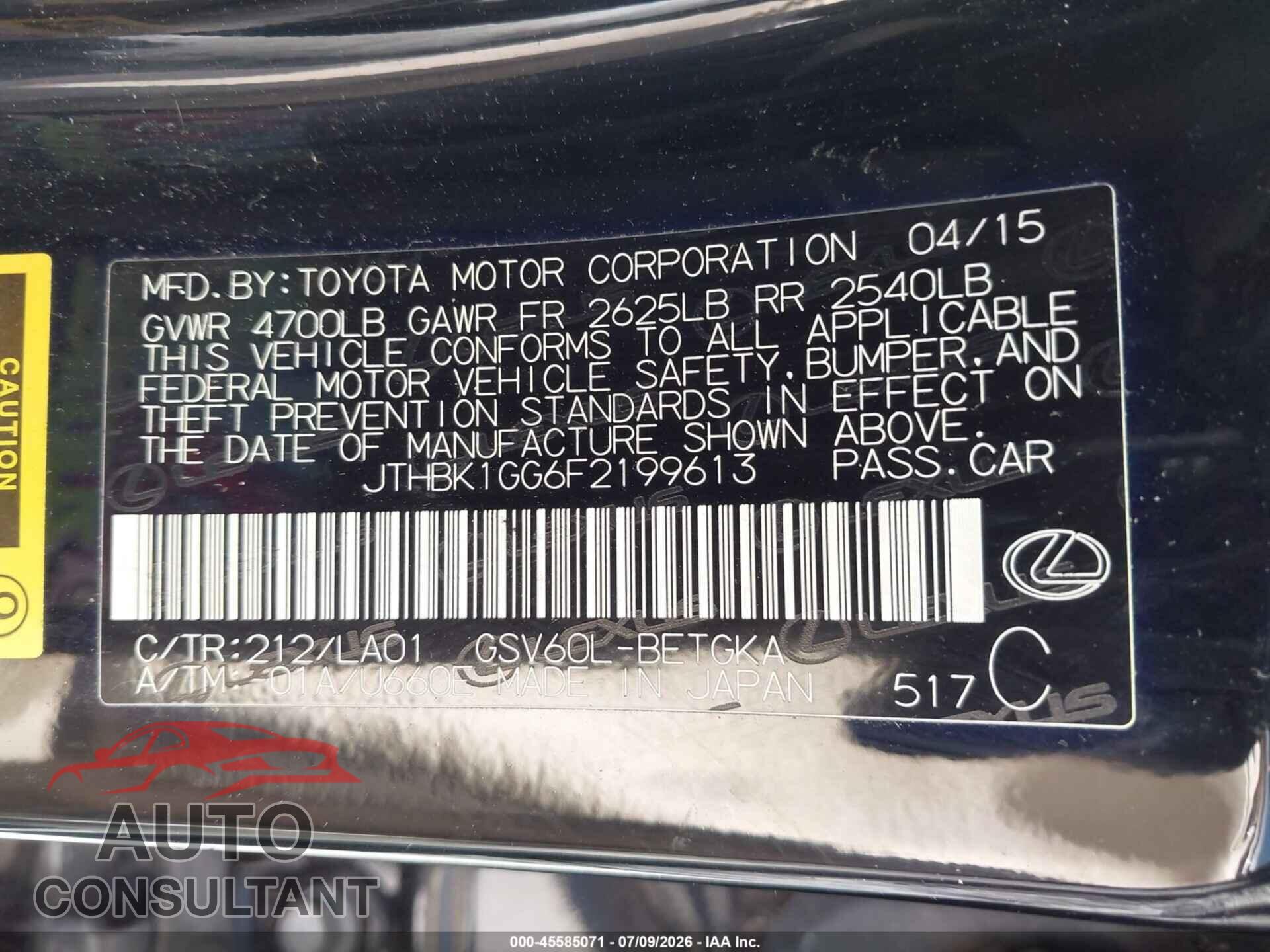 LEXUS ES 350 2015 - JTHBK1GG6F2199613