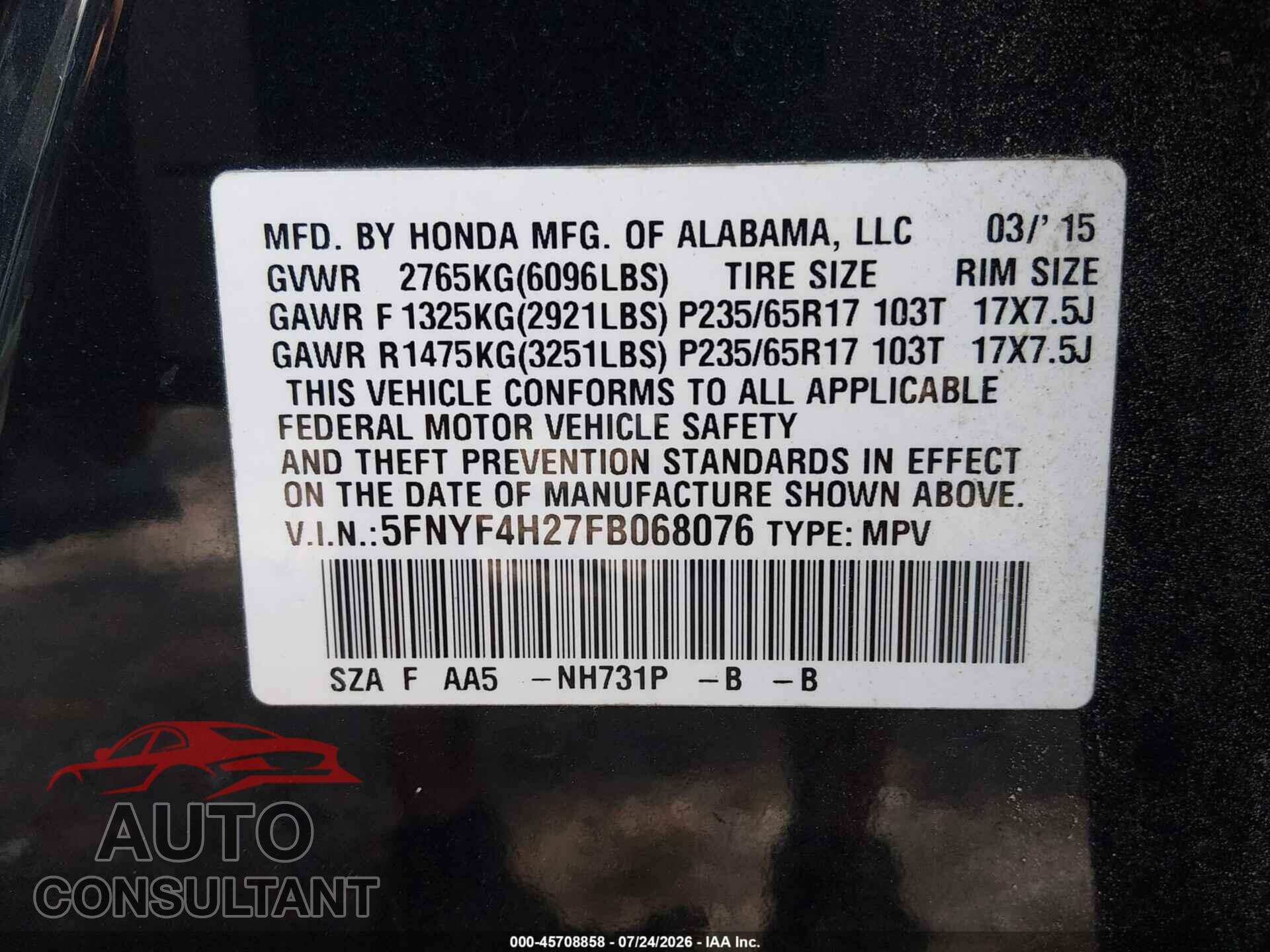 HONDA PILOT 2015 - 5FNYF4H27FB068076