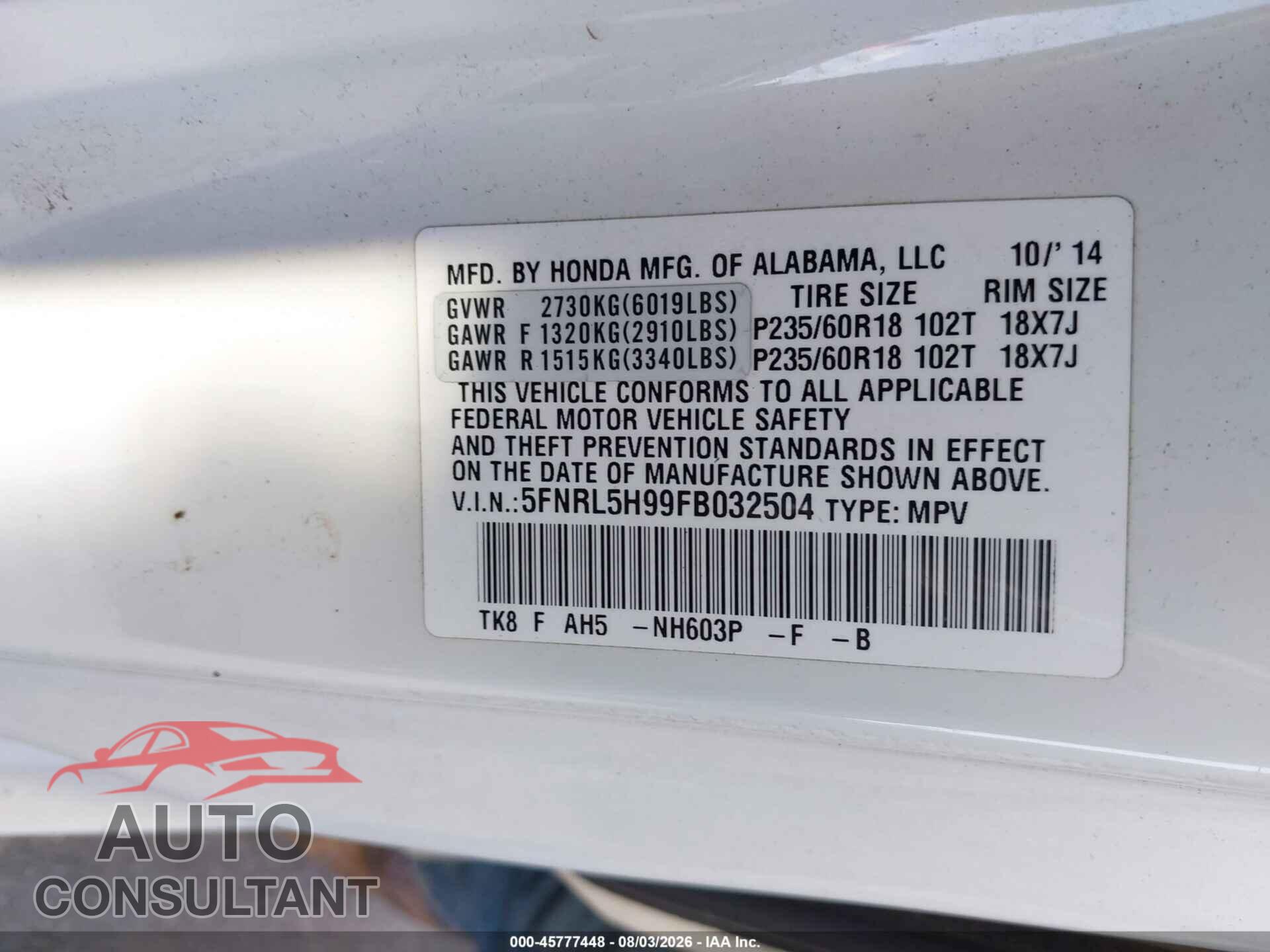 HONDA ODYSSEY 2015 - 5FNRL5H99FB032504