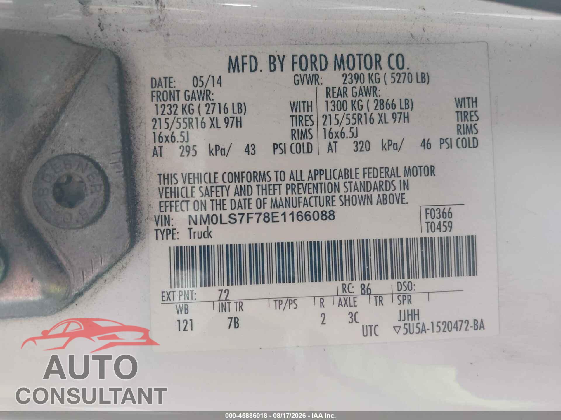 FORD TRANSIT CONNECT 2014 - NM0LS7F78E1166088