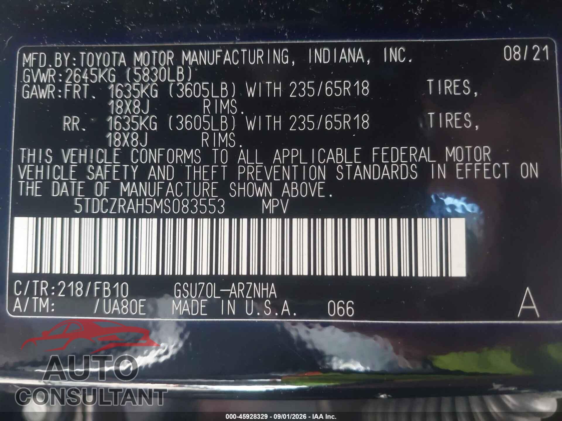 TOYOTA HIGHLANDER 2021 - 5TDCZRAH5MS083553