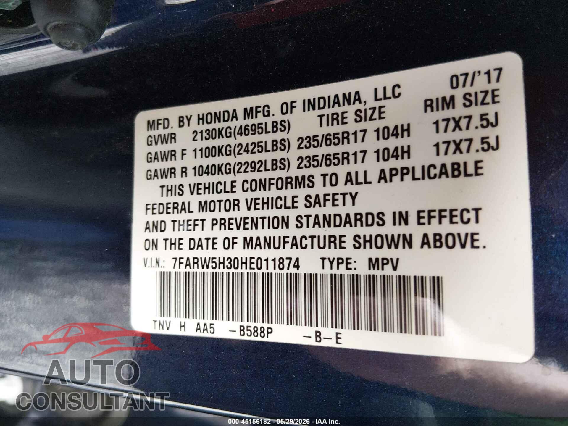HONDA CR-V 2017 - 7FARW5H30HE011874