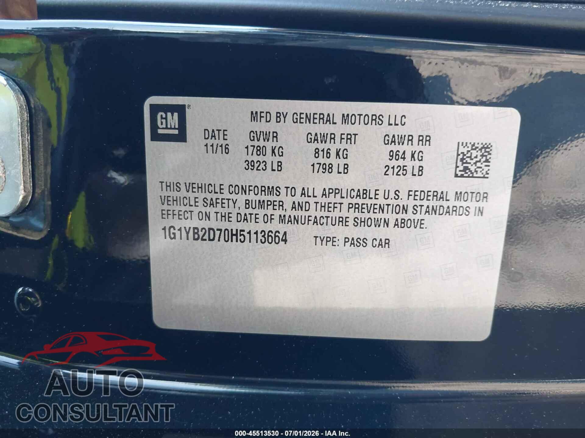 CHEVROLET CORVETTE 2017 - 1G1YB2D70H5113664