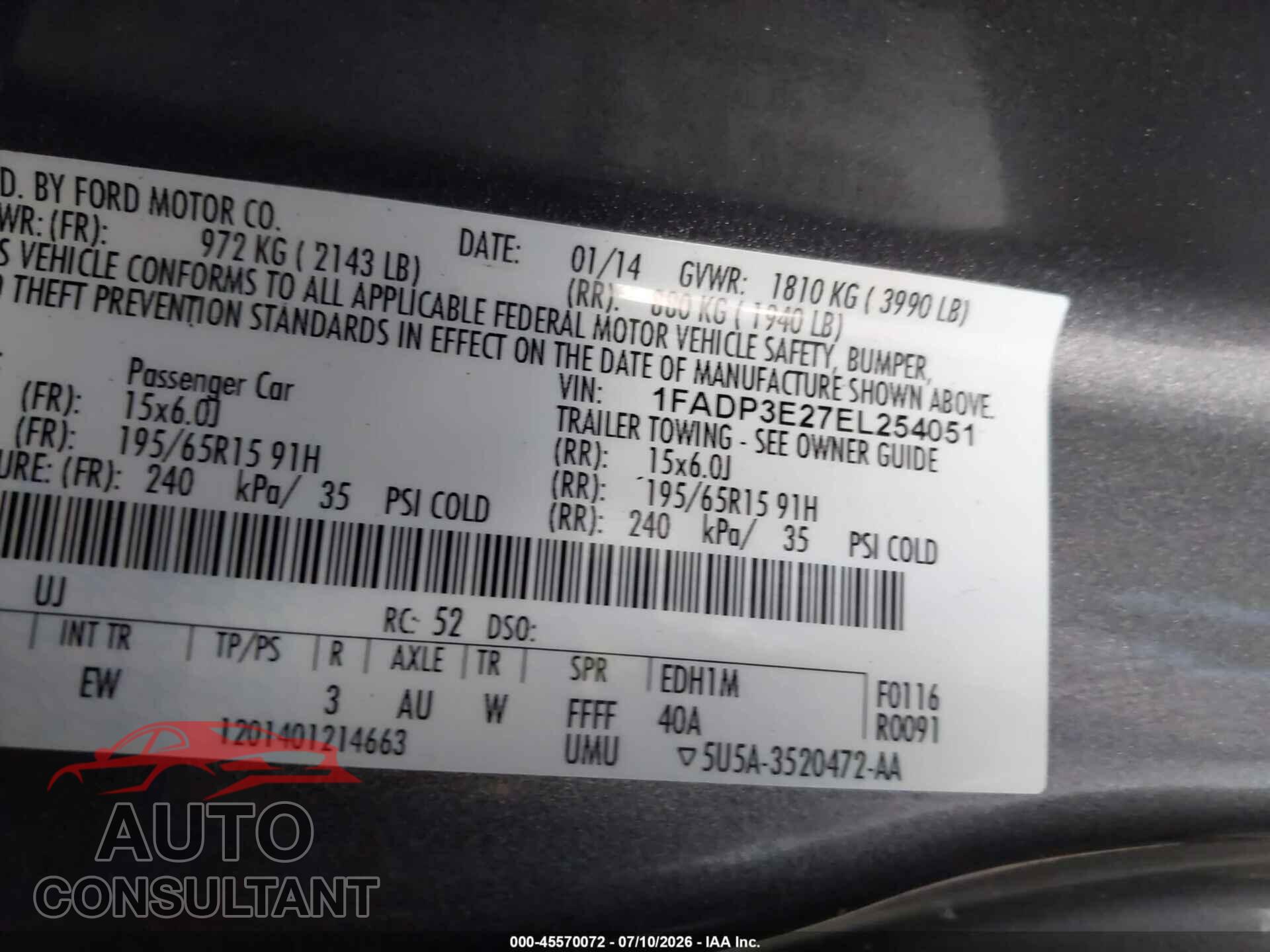 FORD FOCUS 2014 - 1FADP3E27EL254051