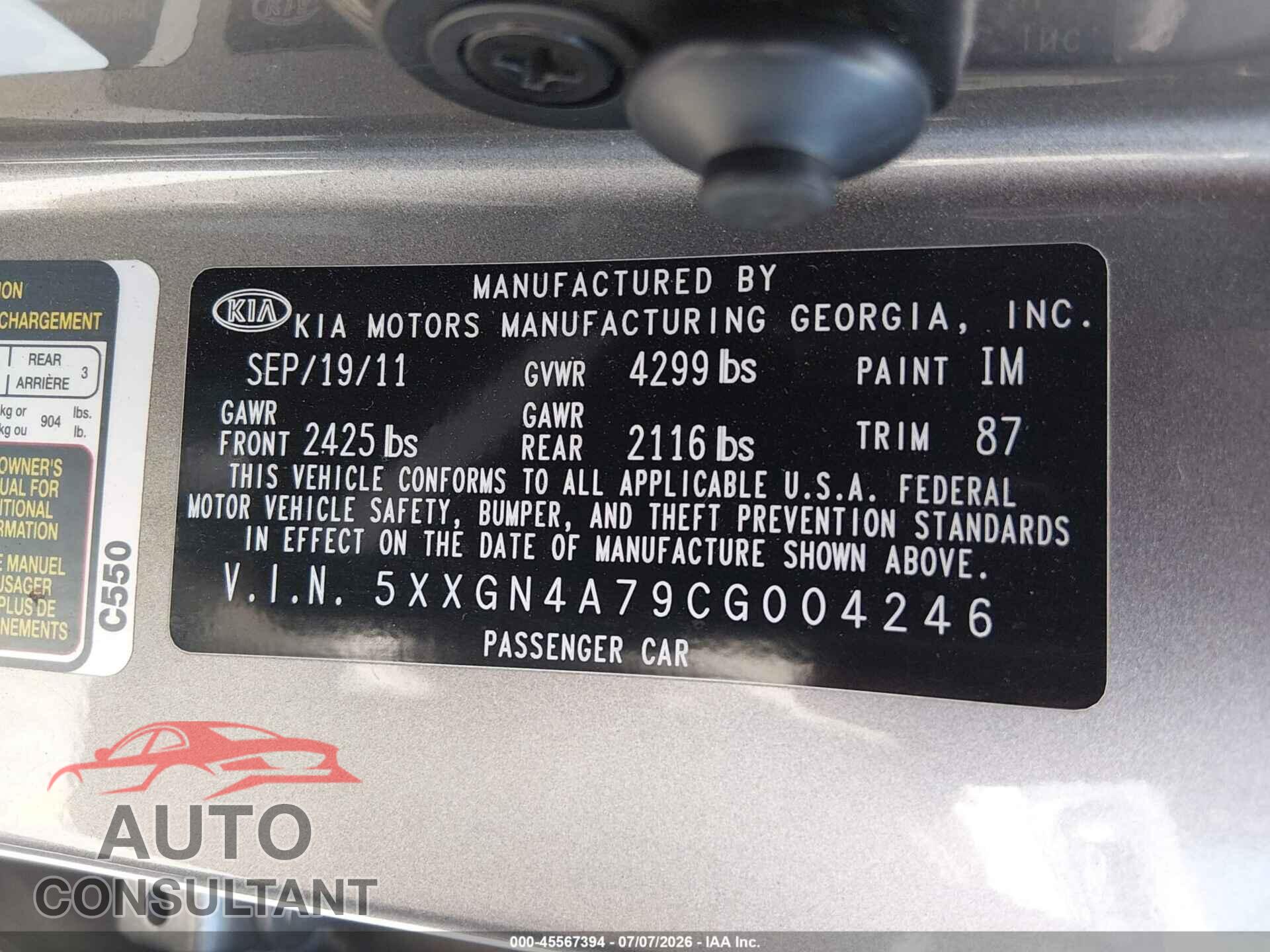KIA OPTIMA 2012 - 5XXGN4A79CG004246