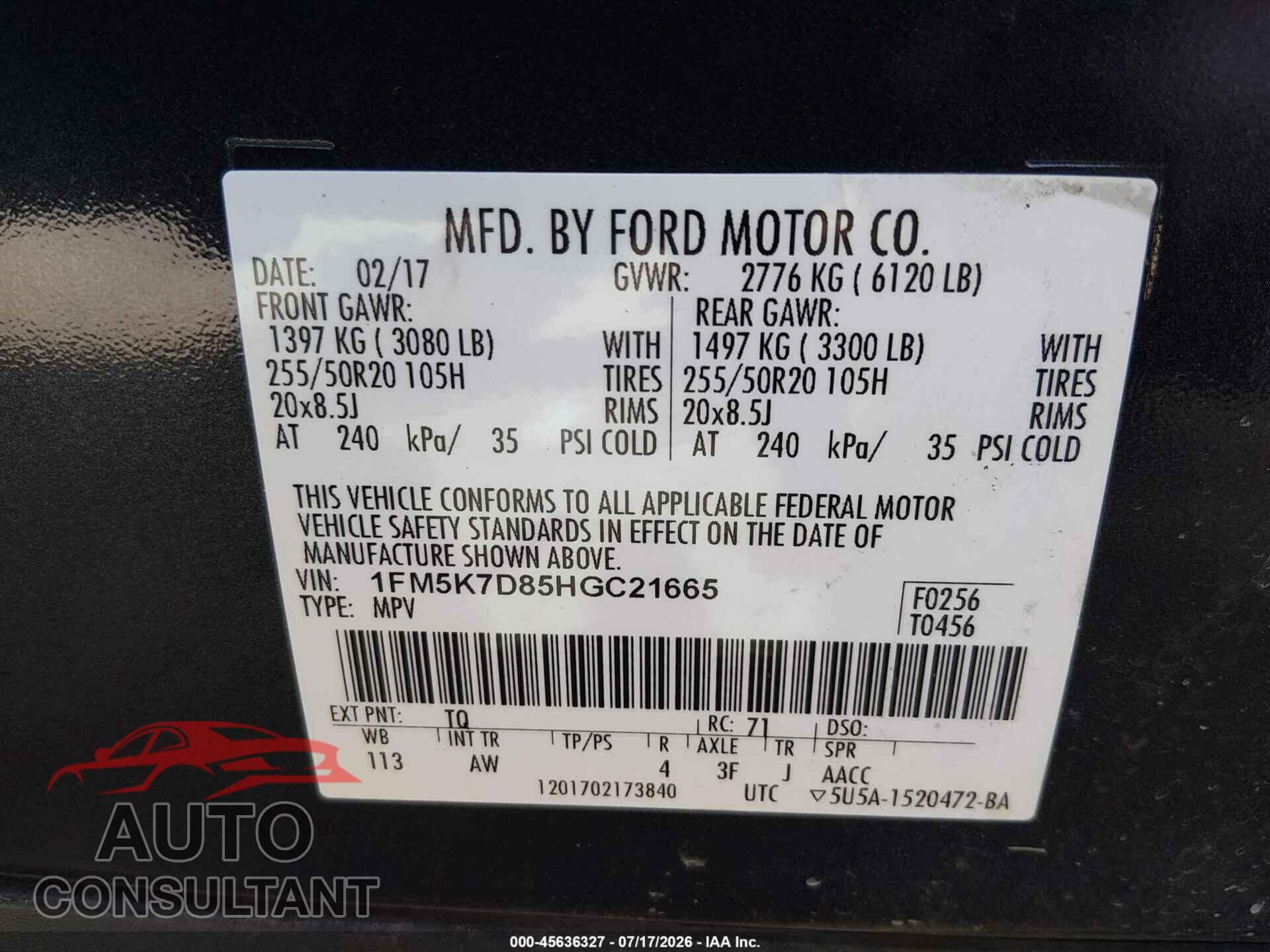 FORD EXPLORER 2017 - 1FM5K7D85HGC21665