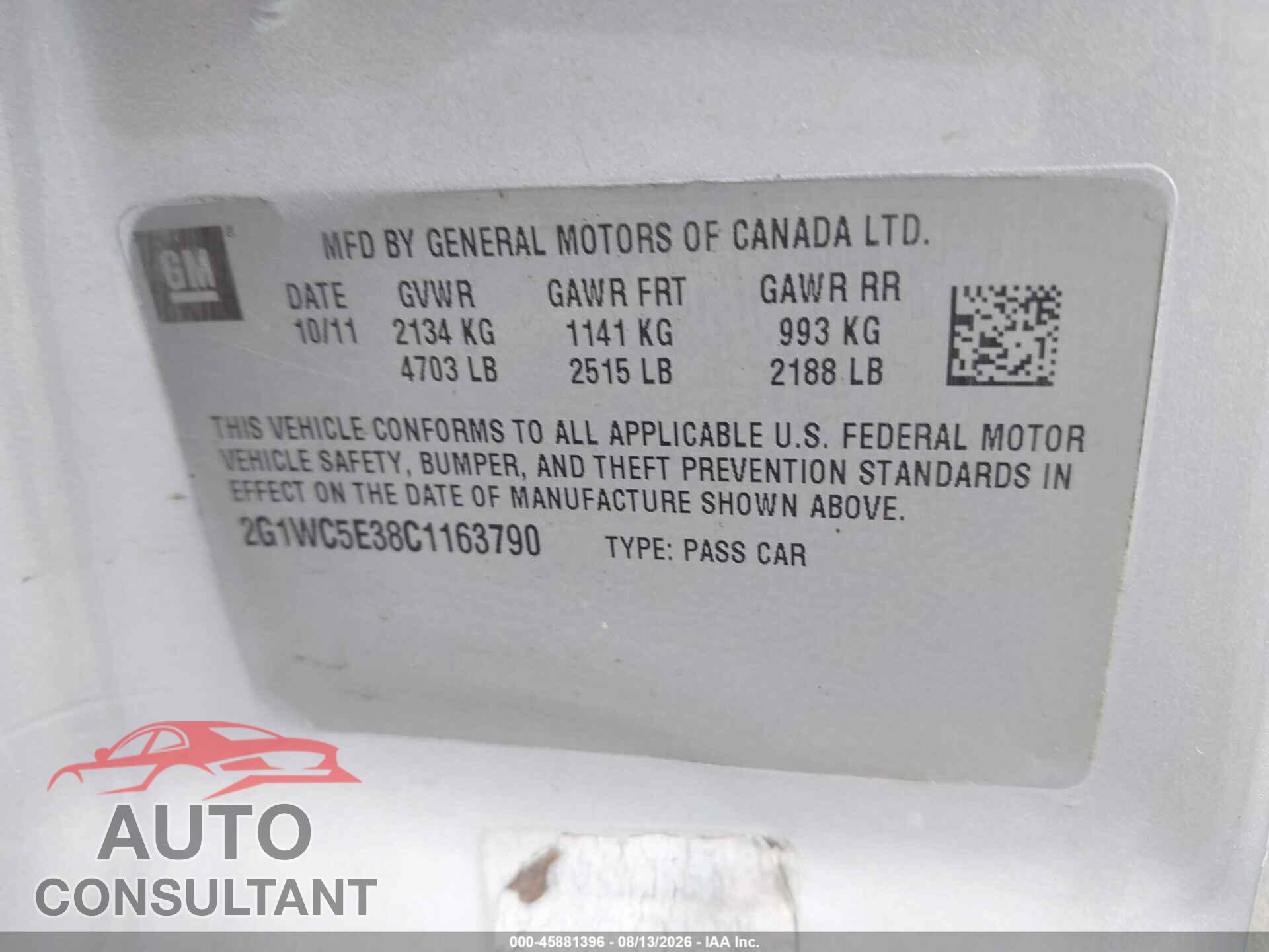 CHEVROLET IMPALA 2012 - 2G1WC5E38C1163790