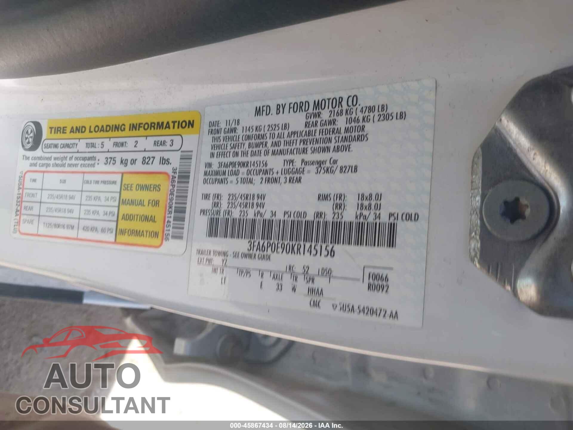FORD FUSION 2019 - 3FA6P0E90KR145156