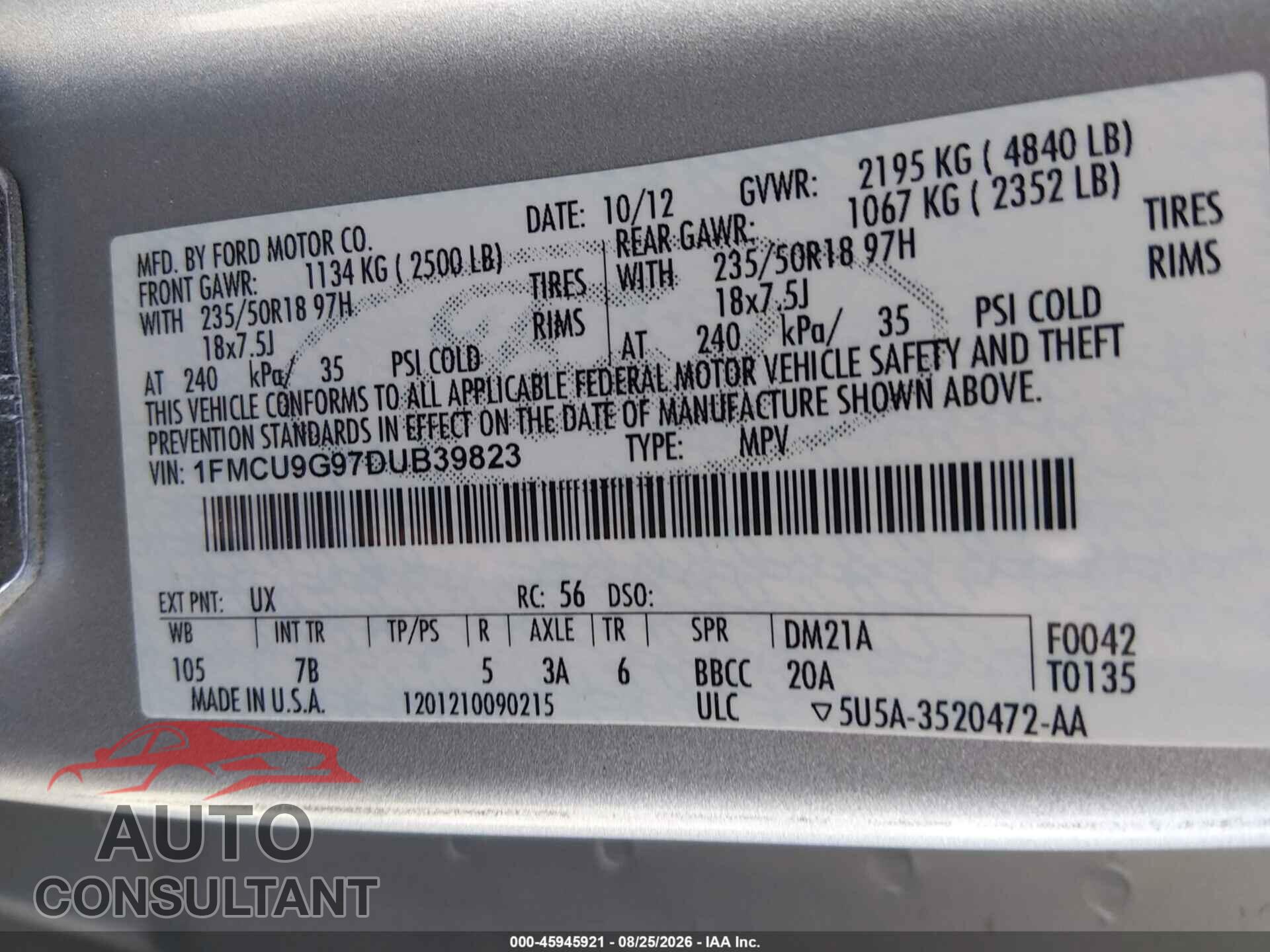 FORD ESCAPE 2013 - 1FMCU9G97DUB39823
