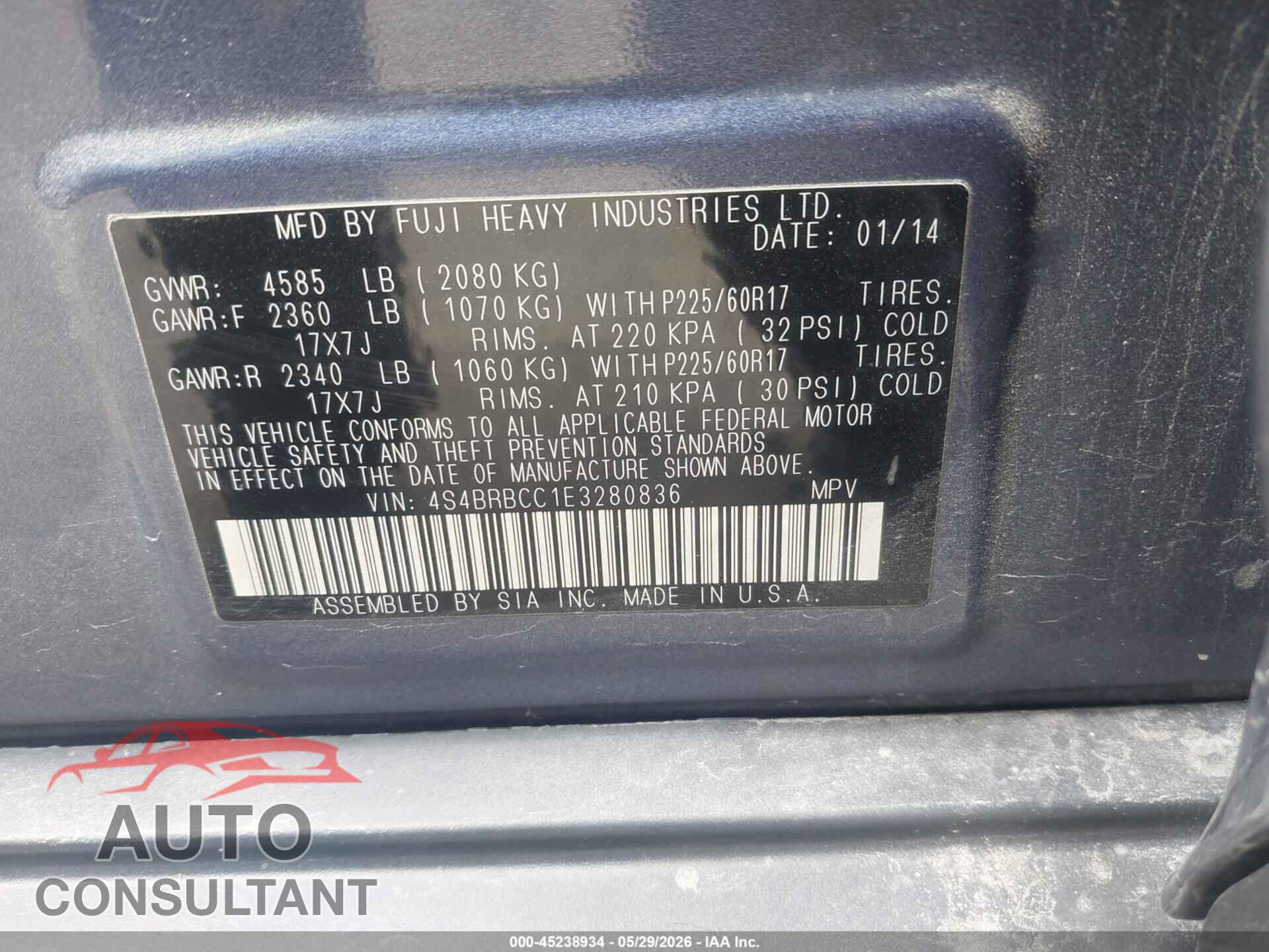 SUBARU OUTBACK 2014 - 4S4BRBCC1E3280836