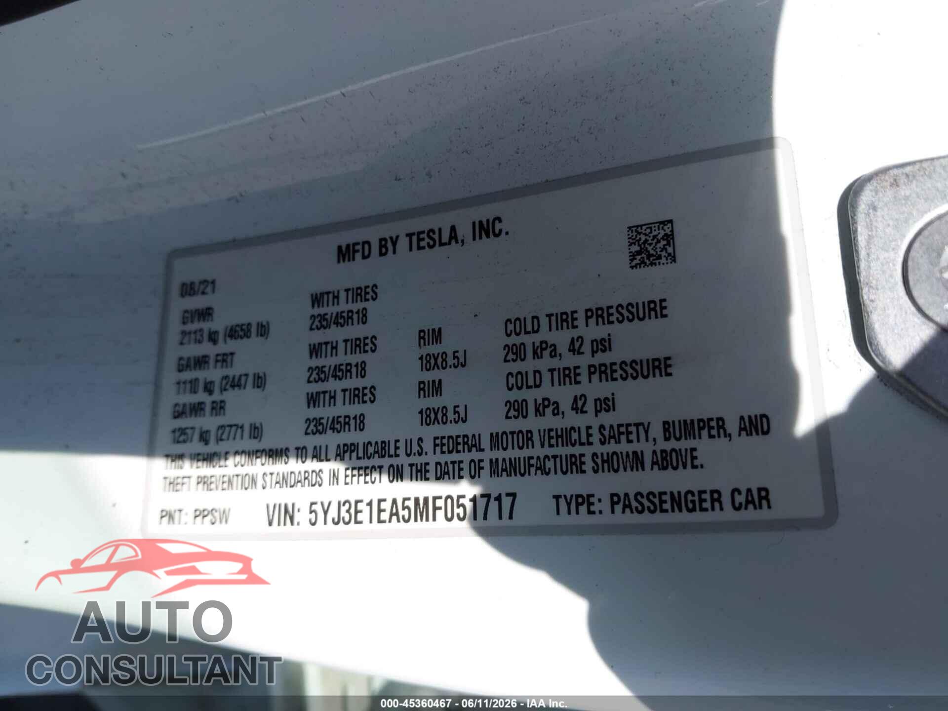 TESLA MODEL 3 2021 - 5YJ3E1EA5MF051717