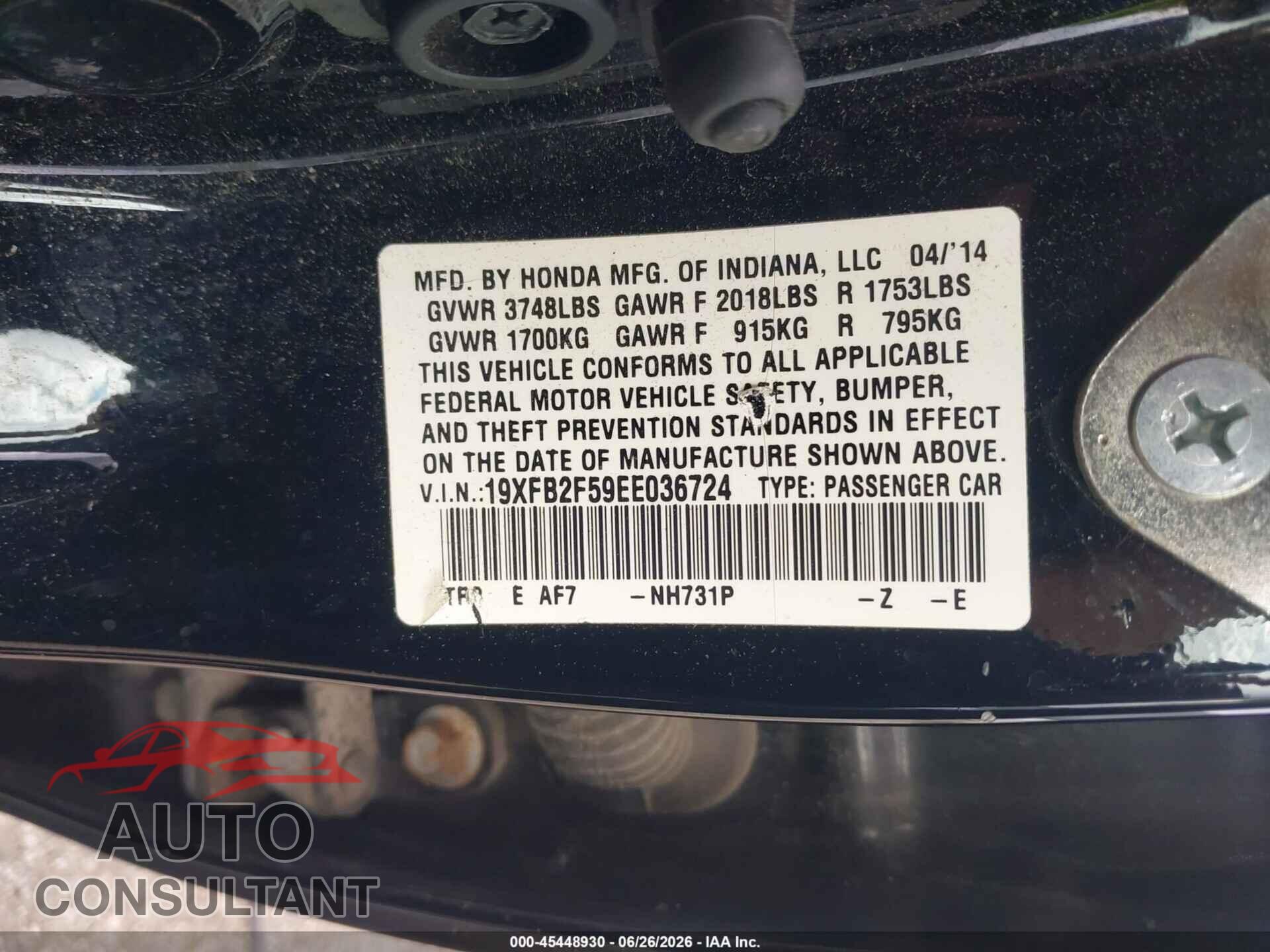 HONDA CIVIC 2014 - 19XFB2F59EE036724