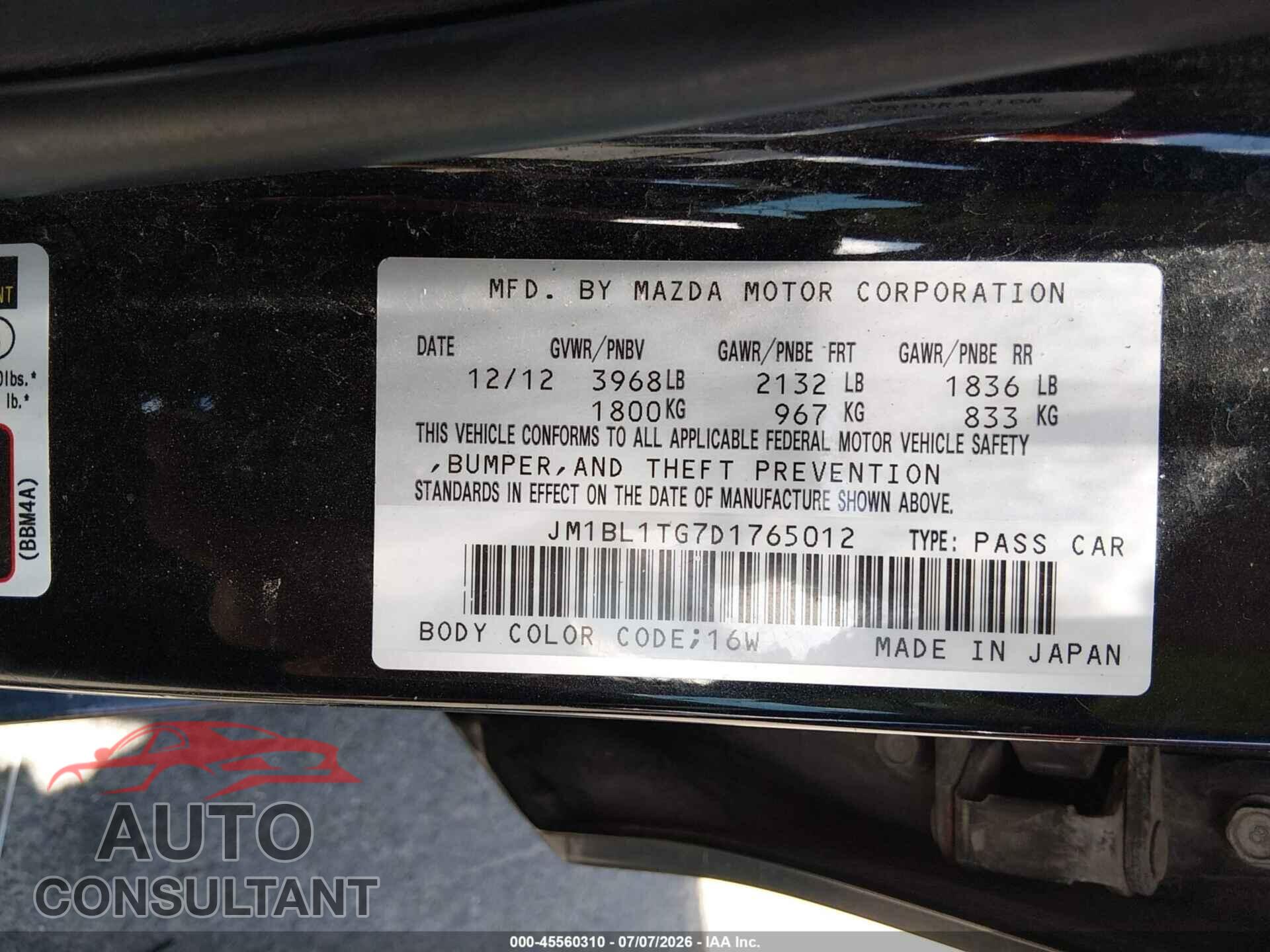 MAZDA MAZDA3 2013 - JM1BL1TG7D1765012