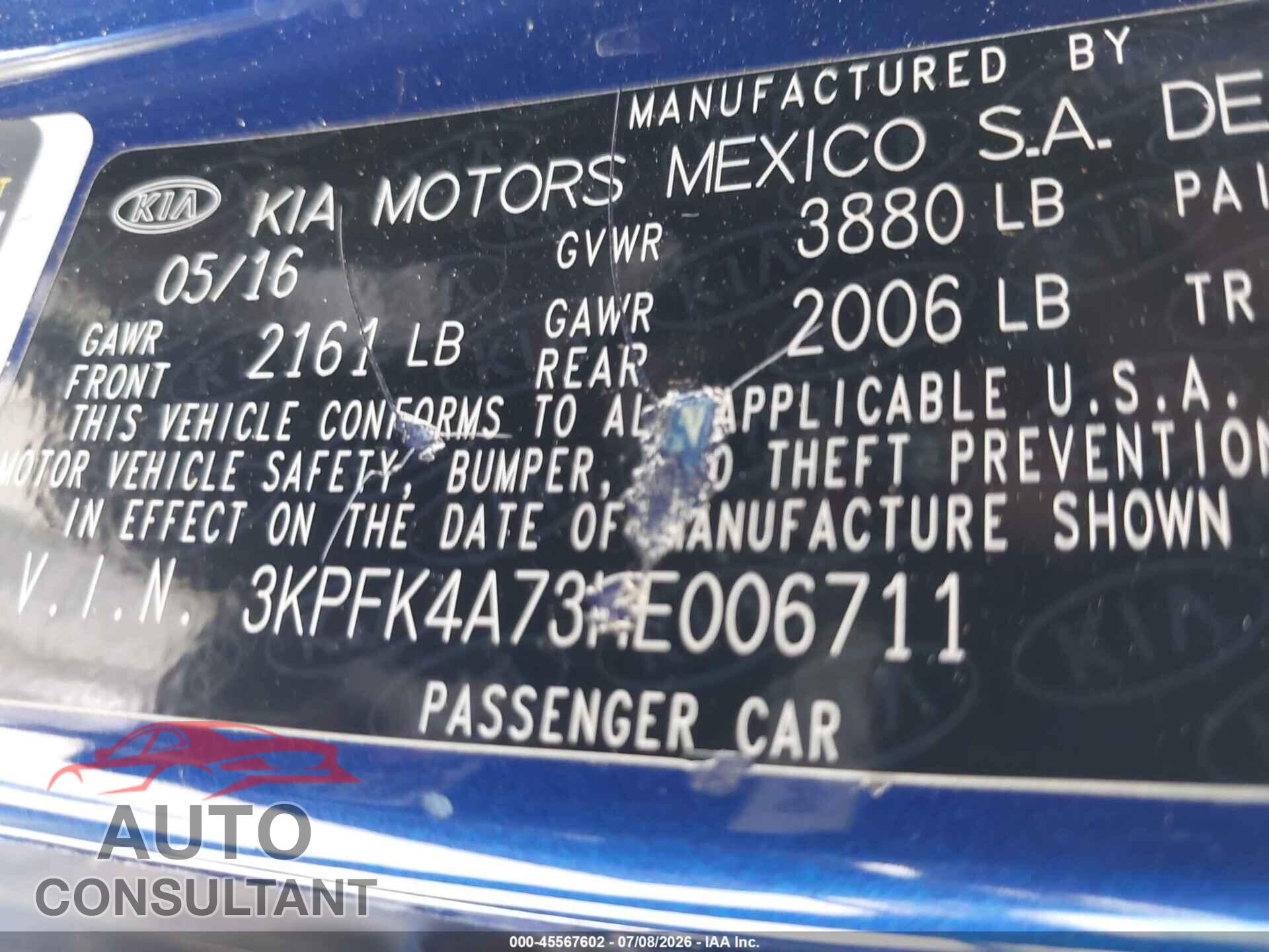 KIA FORTE 2017 - 3KPFK4A73HE006711