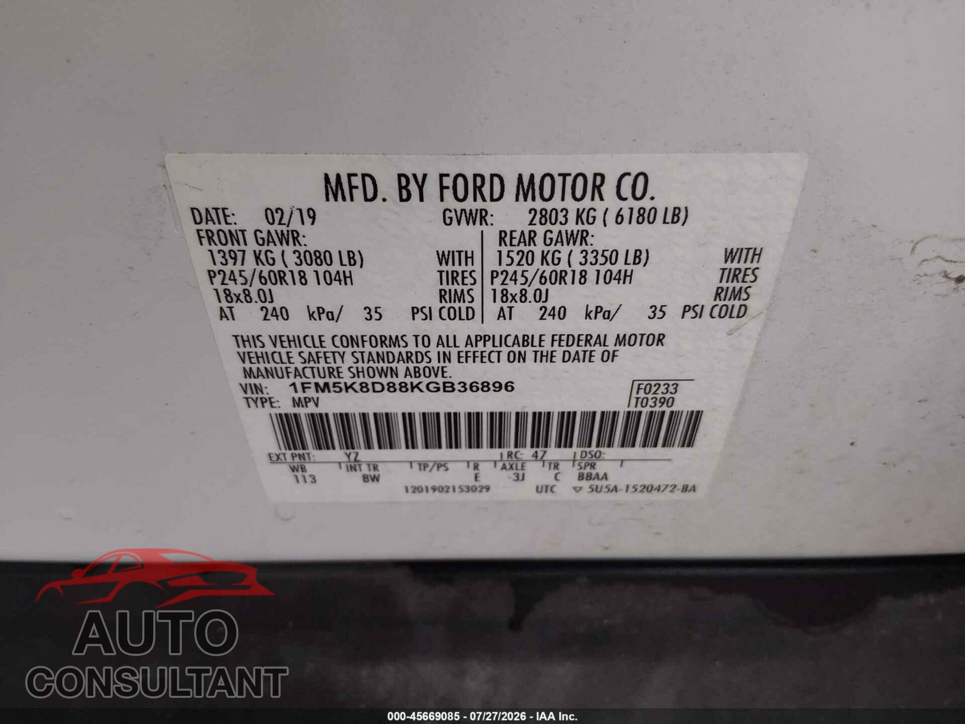 FORD EXPLORER 2019 - 1FM5K8D88KGB36896